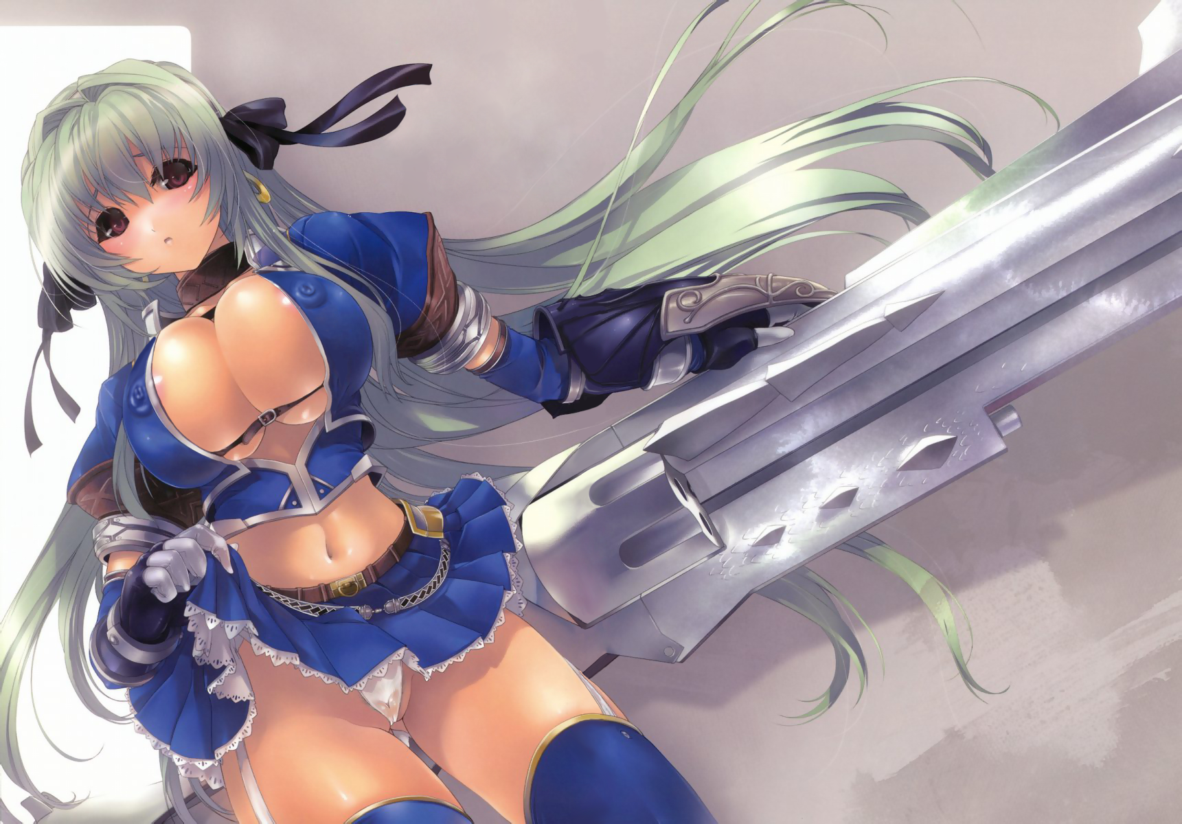 miwa yoshikazu, capcom, monster hunter (series), monster hunter frontier, highres, 1girl, azure (armor), belt bra, breasts, brown eyes, cameltoe, cleavage, clothes lift, covered erect nipples, elbow gloves, female focus, gloves, green hair, gun, handgun, huge breasts, long hair, midriff, navel, nipple slip, nipples, panties, pistol, revolver, skindentation, skirt, skirt lift, solo, thighhighs, underwear, upskirt, weapon, white panties