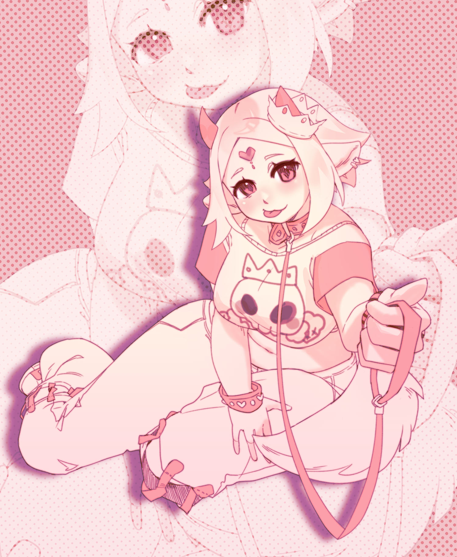 nova borealis, original, commission, commissioner upload, highres, 1girl, animal ears, collar, crop top, crown, dog ears, dog girl, dog tail, ear piercing, forehead jewel, holding, holding leash, horns, leash, looking at viewer, looking up, mini crown, monochrome, navel, on floor, piercing, souffle (teuthidan), tail, tongue, tongue out