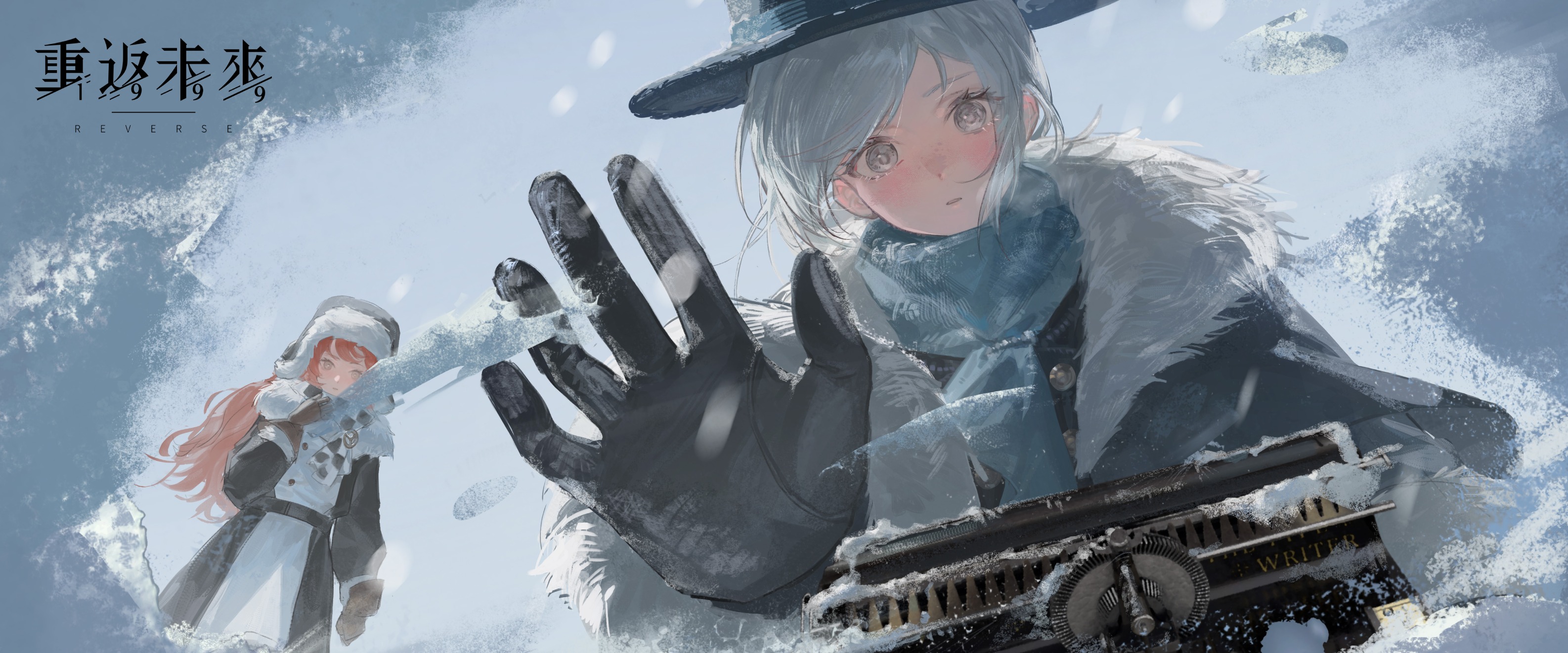 sonetto (reverse:1999), sonetto (winter) (reverse:1999), vertin (reverse:1999), vertin (winter) (reverse:1999), reverse:1999, highres, official art, 2girls, black coat, black gloves, black hat, blue scarf, blue sky, boater hat, brown coat, brown gloves, brown hat, checkered clothes, checkered scarf, coat, copyright name, day, from below, fur-trimmed coat, fur trim, gloves, green eyes, grey eyes, grey hair, hair bun, hand up, hat, logo, long hair, looking at viewer, multiple girls, official alternate costume, orange hair, outstretched hand, parted lips, scarf, short hair, single side bun, sky, snow, typewriter, upper body, ushanka