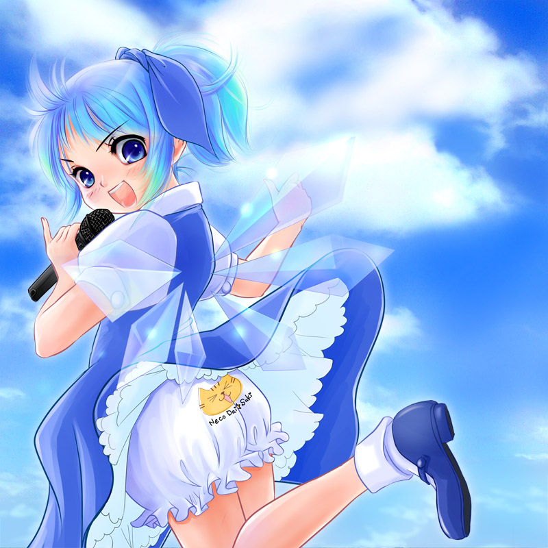 kubozuka pikurou, cirno, touhou, 1girl, alternate hairstyle, bloomers, cat, clothes lift, cloud, day, dress, female focus, from behind, gradient background, looking back, microphone, outdoors, ponytail, skirt, skirt lift, sky, solo, underwear, white bloomers, wind, wind lift, wings
