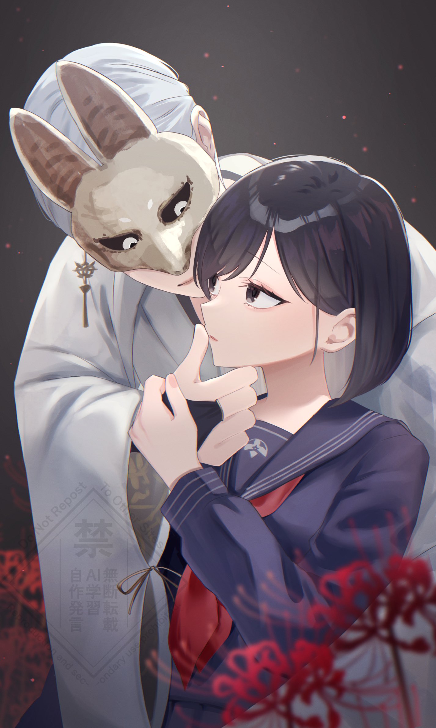 fox mask (silent hill), shimizu hinako, silent hill (series), silent hill f, highres, 1boy, 1girl, black hair, black sailor collar, black sclera, black serafuku, black shirt, blurry, blurry foreground, bridal gauntlets, colored sclera, earrings, flower, fox mask, grey eyes, hetero, japanese clothes, jewelry, long hair, looking at another, mask, neckerchief, parted lips, red flower, red neckerchief, robe, sailor collar, school uniform, serafuku, shinanagi, shirt, short hair, single earring, spider lily, tassel, tassel earrings, thumb to mouth, upper body, white hair, white robe