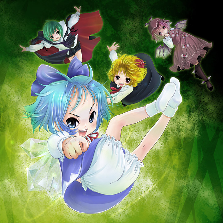 kubozuka pikurou, cirno, mystia lorelei, rumia, wriggle nightbug, touhou, 4girls, antennae, blonde hair, bloomers, blue eyes, blue hair, bow, cape, clenched hand, dress, feet, female focus, green eyes, green hair, hair bow, ice, kneepits, multiple girls, pink hair, red eyes, socks, team 9 (touhou), teeth, underwear, upper teeth only, white bloomers, wings