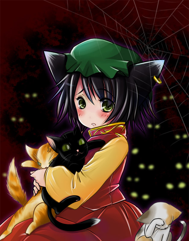 kubozuka pikurou, chen, touhou, 1girl, animal ears, black hair, blush, cat, cat ears, earrings, female focus, jewelry, silk, solo, spider web