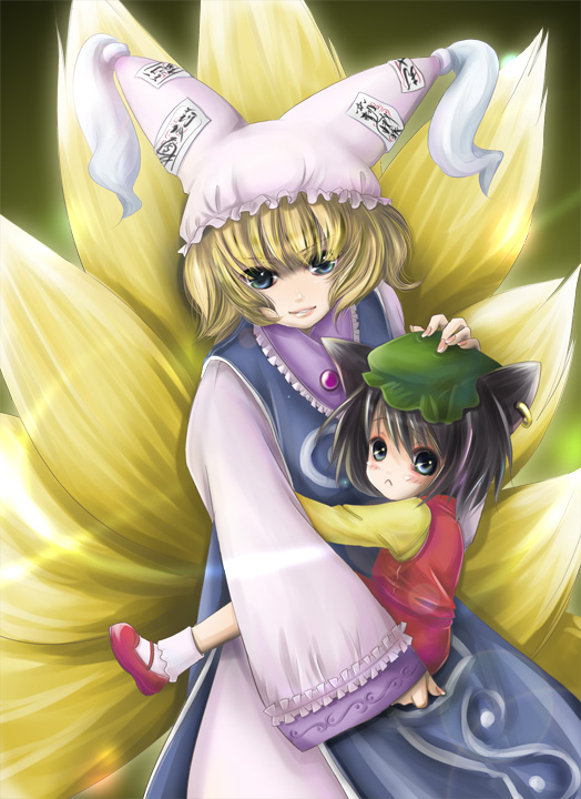 kubozuka pikurou, chen, yakumo ran, touhou, 2girls, :<, animal ears, animal hat, black hair, blonde hair, blue eyes, carrying, cat ears, cat girl, cat tail, earrings, female focus, fox tail, hat, headpat, hug, jewelry, long sleeves, mary janes, mob cap, multiple girls, shoes, short hair, sitting, sitting on lap, sitting on person, socks, tail, tassel, wide sleeves