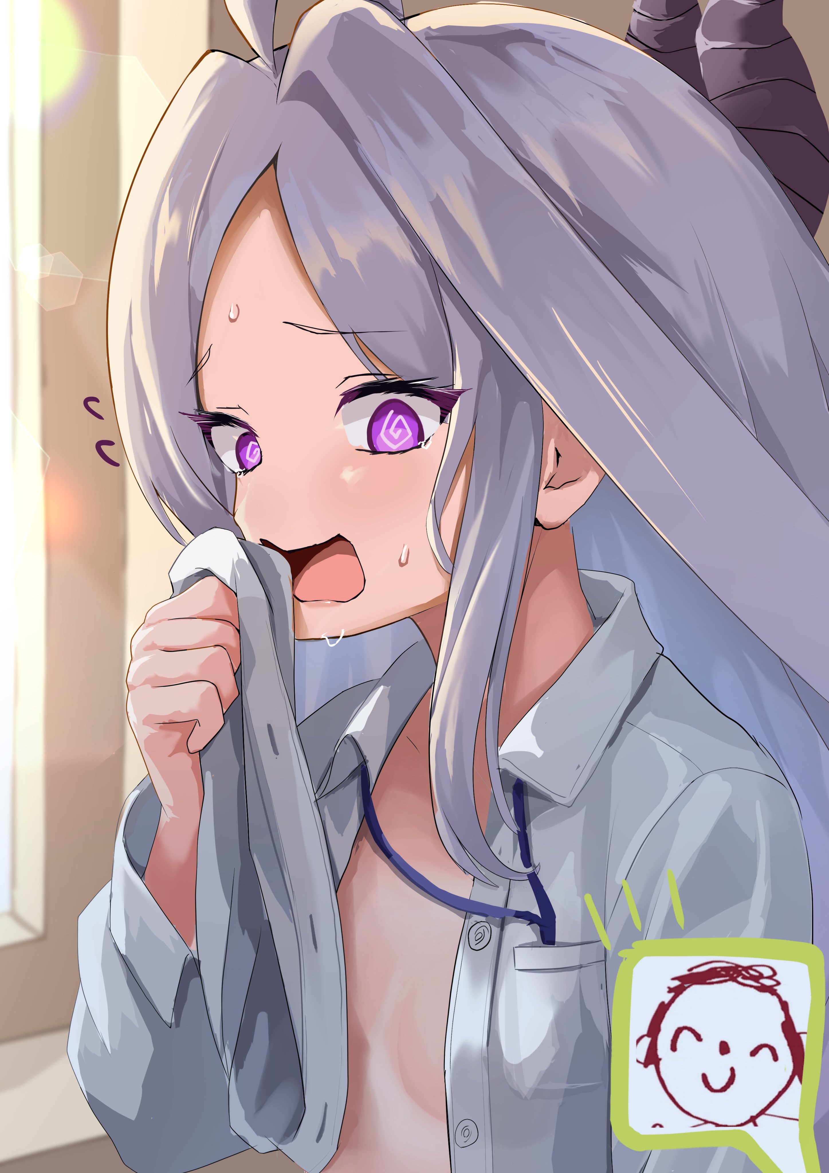 teritama (teritama house), doodle sensei (blue archive), hina (blue archive), sensei (blue archive), blue archive, absurdres, commentary, highres, 1boy, 1girl, breasts, demon girl, demon horns, horns, indoors, long hair, open mouth, purple eyes, shirt, small breasts, white hair, white shirt