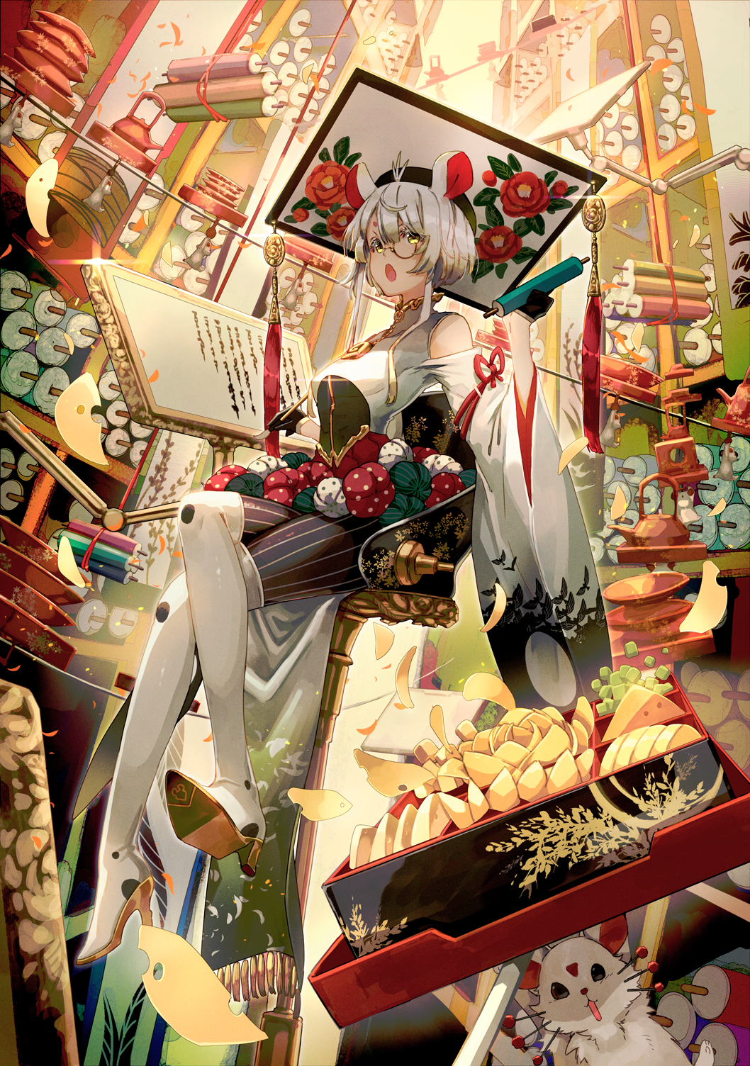 mito itsuki, original, highres, 1girl, :o, animal ears, animal print, bare shoulders, bird print, black gloves, black pantyhose, black shirt, book stand, boots, bowl stack, calligraphy brush, center-flap bangs, chair, cheese, chinese zodiac, chips (food), clothing cutout, colored shoe soles, colored tips, crossed legs, cup, falling petals, floating chair, floral print, food, full body, glint, gloves, gold trim, green skirt, half gloves, hand up, hanging scroll, hat, hat tassel, high heel boots, high heels, holding, holding calligraphy brush, holding paintbrush, holding scroll, juubako, mandarin collar, monocle, moon print, mortarboard, mouse (animal), mouse ears, mouse girl, multicolored hair, multicolored skirt, new year, osechi, paintbrush, pantyhose, patchwork clothes, petals, pinstripe pantyhose, red pupils, red skirt, sakazuki, scroll, shelf, shirt, shoe soles, short eyebrows, short hair with long locks, shoulder cutout, sidelocks, sitting, skirt, sleeve ribbon, spilling, string, tassel, teapot, thigh boots, two-tone shirt, white boots, white hair, white shirt, white skirt, wide sleeves, year of the rat, yellow eyes