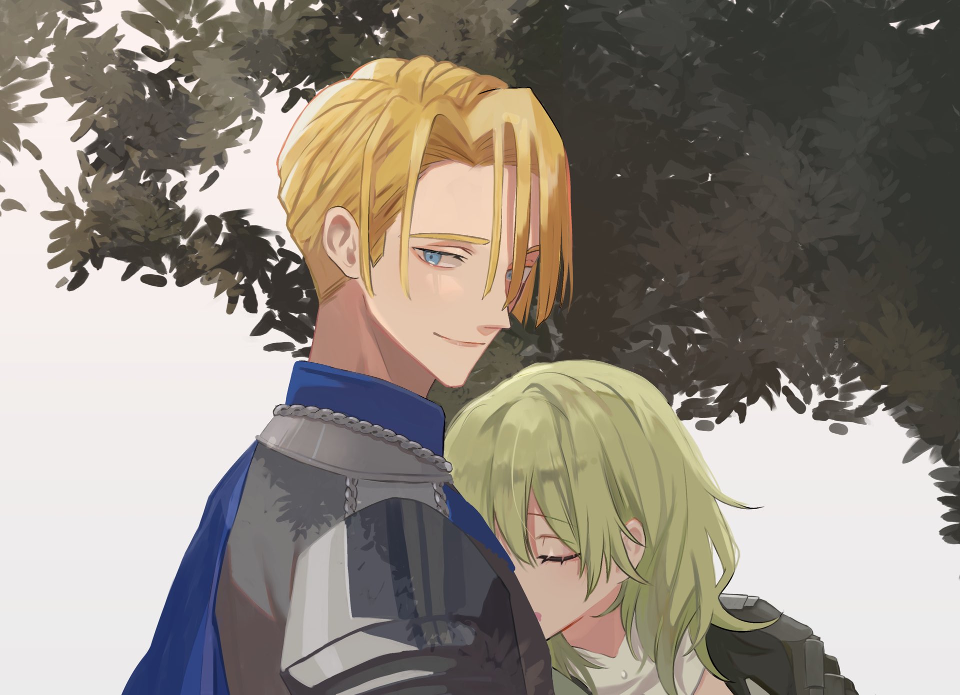 dimitri alexandre blaiddyd, female byleth (fire emblem), fire emblem, fire emblem: three houses, nintendo, highres, 1boy, 1girl, arm around shoulder, armor, blonde hair, blue cloak, blue eyes, cloak, closed eyes, couple, green hair, hair between eyes, hetero, medium hair, parted bangs, shinanagi, shoulder armor, smile, tree, under tree, upper body