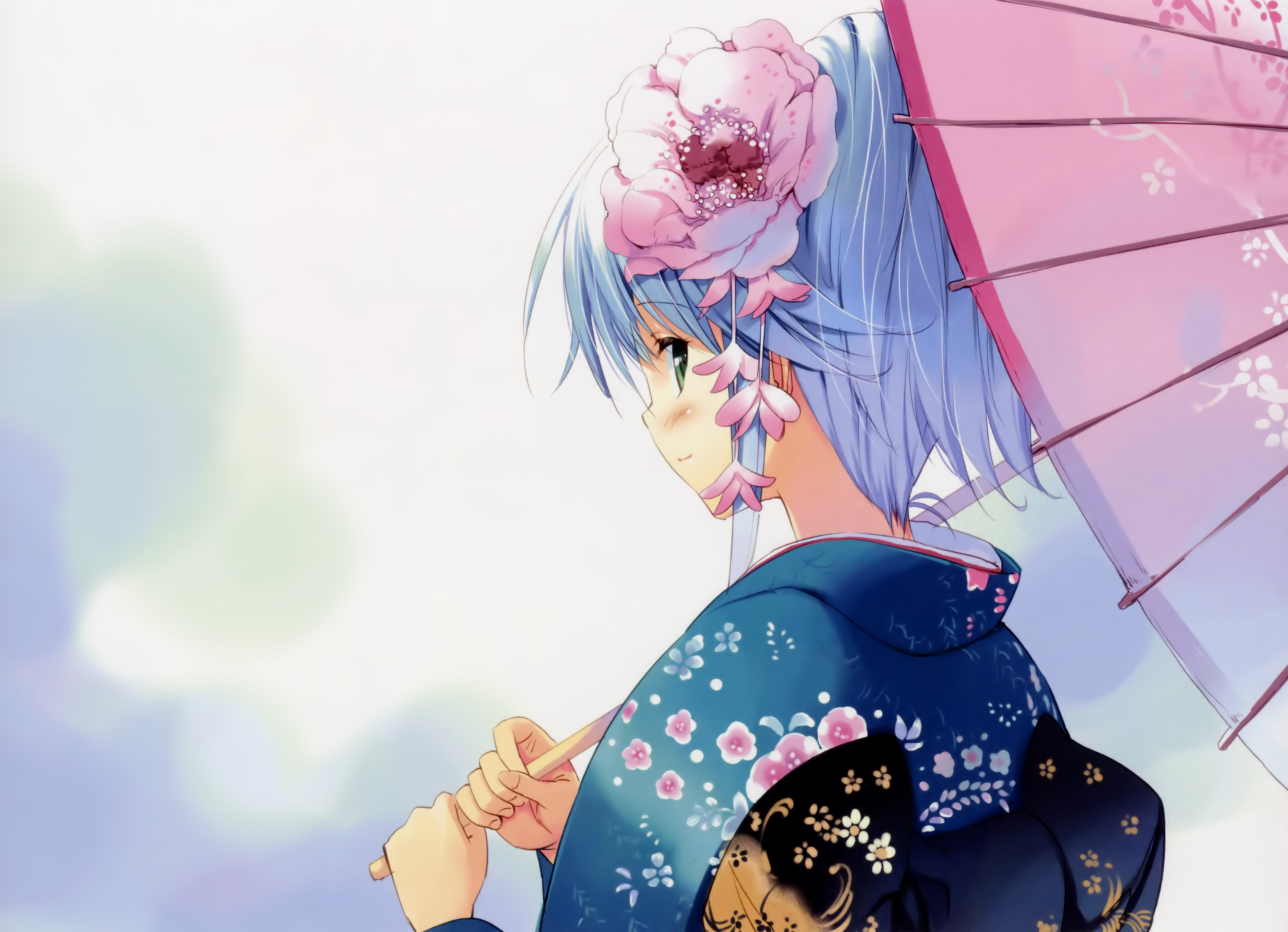 ueda ryou, absurdres, highres, 1girl, blue hair, blush, female focus, flower, green eyes, hair flower, hair ornament, japanese clothes, kimono, oil-paper umbrella, parasol, solo, umbrella