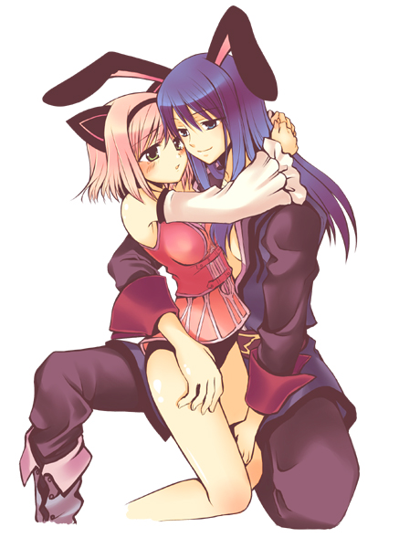 ayamisiro, estellise sidos heurassein, yuri lowell, tales of (series), tales of vesperia, 00s, 1boy, 1girl, animal ears, black hair, black panties, blush, cat ears, couple, detached sleeves, hetero, hug, long hair, official alternate costume, panties, pink hair, rabbit ears, short hair, sitting, underwear