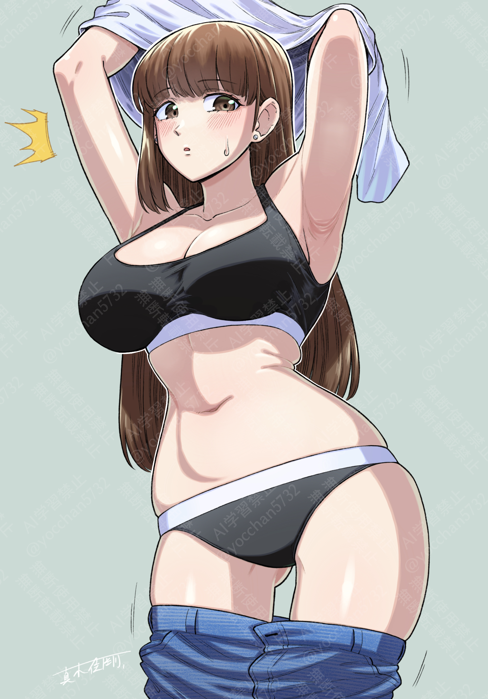 maki yoshitake, original, commentary request, highres, 1girl, aqua background, armpits, arms up, black bra, black panties, bra, breasts, brown eyes, brown hair, cleavage, clothes pull, earrings, jewelry, large breasts, long hair, navel, panties, pants, pants pull, simple background, solo, underwear, undressing