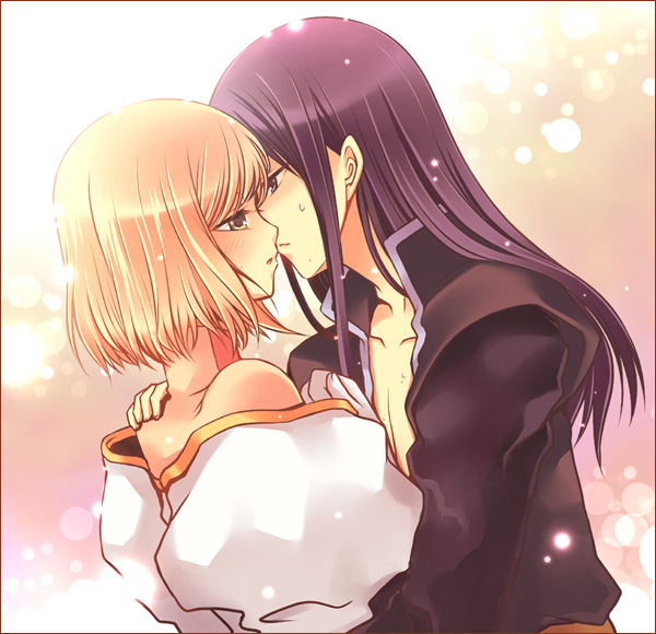 ayamisiro, estellise sidos heurassein, yuri lowell, tales of (series), tales of vesperia, 00s, 1boy, 1girl, black hair, blush, closed eyes, couple, gloves, hetero, hug, kiss, long hair, pink hair, short hair, sweat