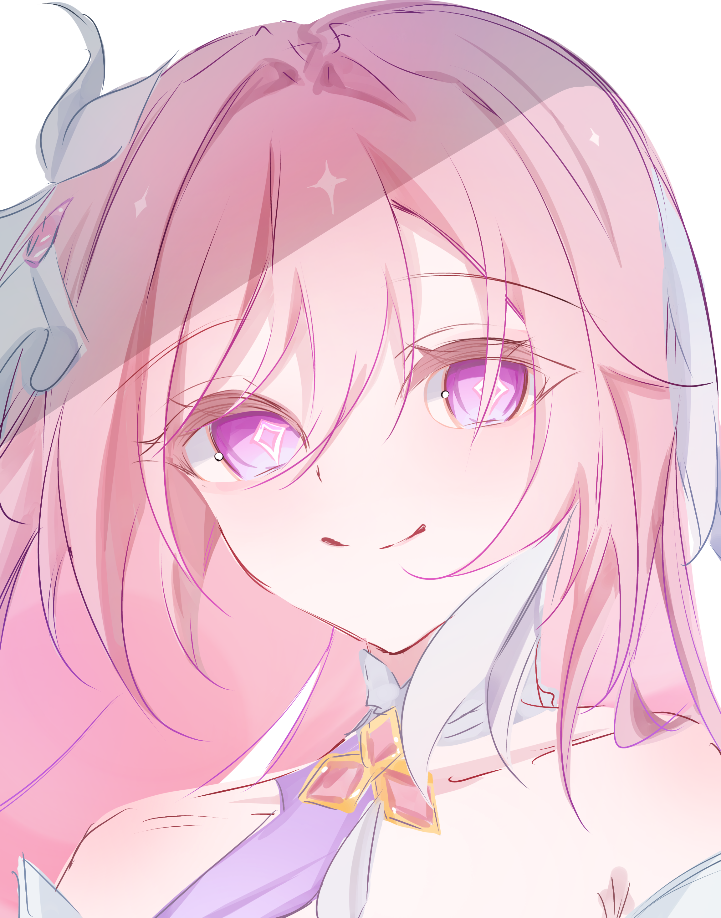 elysia (herrscher of human: ego) (honkai impact), elysia (honkai impact), honkai (series), honkai impact 3rd, absurdres, commentary request, highres, 1girl, 82hi na42, bare shoulders, diamond-shaped pupils, diamond (shape), hair ornament, long hair, looking at viewer, multicolored hair, pink hair, purple eyes, simple background, smile, solo, symbol-shaped pupils, triquetra, two-tone hair, white background, white hair