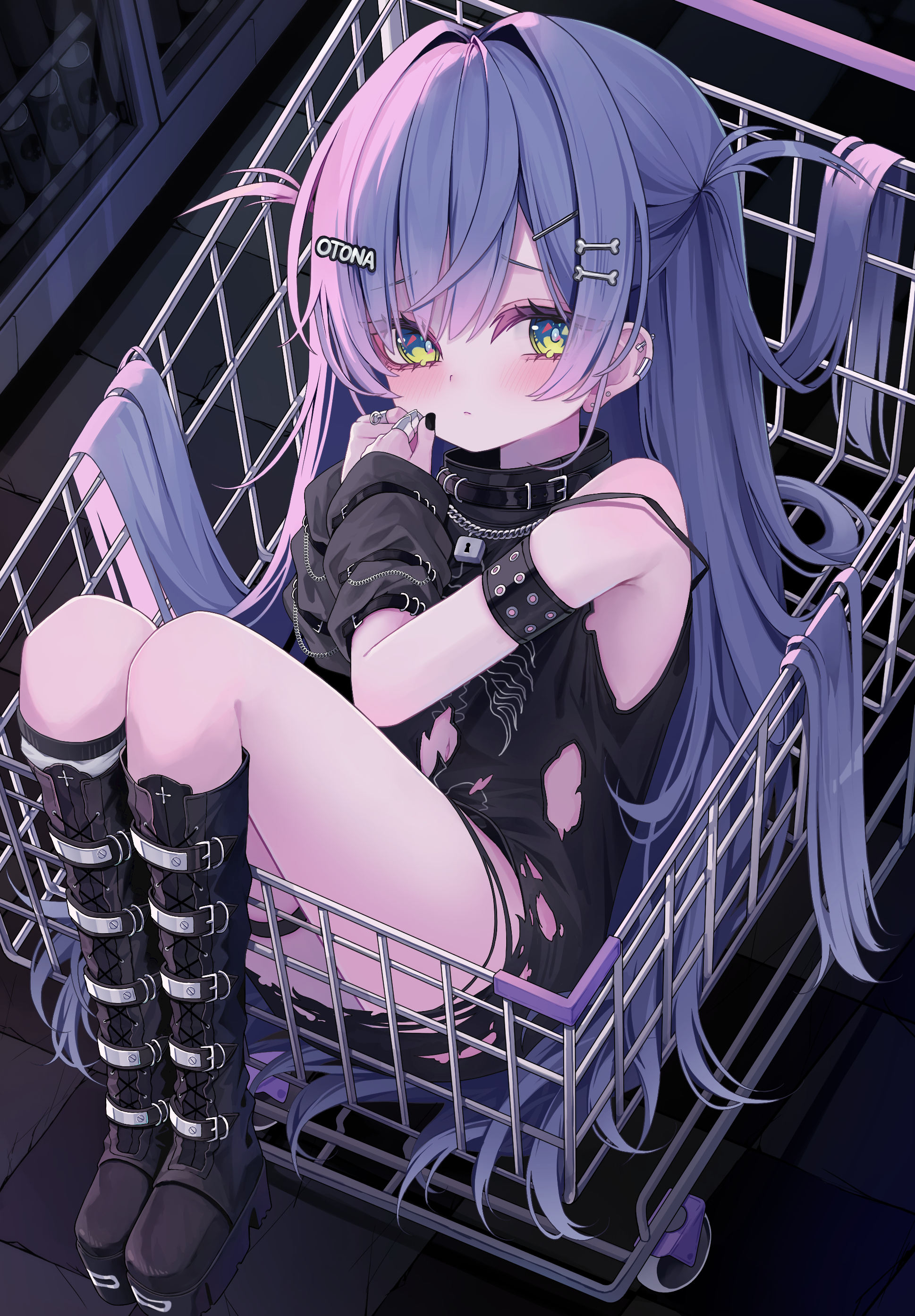 333shishishi333, yano kuromu, yano kuromu (1st costume), vspo!, absurdres, commentary, highres, 1girl, armpits, black arm warmers, black boots, black dress, black nails, blue eyes, blush, bone hair ornament, boots, bracelet, detached sleeves, dress, grey hair, hair ornament, in shopping cart, jewelry, knee boots, knees up, long hair, looking at viewer, nail polish, shopping cart, solo, star-shaped pupils, star (symbol), symbol-shaped pupils, thigh strap, thighs, torn clothes, very long hair, virtual youtuber