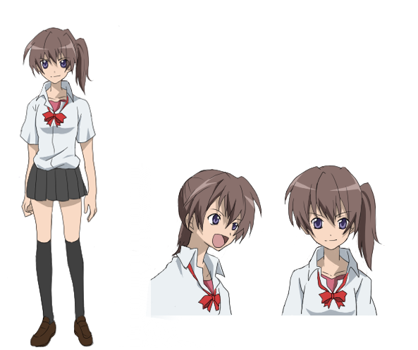 yukimura, maebara keiichi, higurashi no naku koro ni, gender request, 00s, 1girl, bow, brown hair, genderswap, kneehighs, ponytail, purple eyes, ribbon, skirt, socks