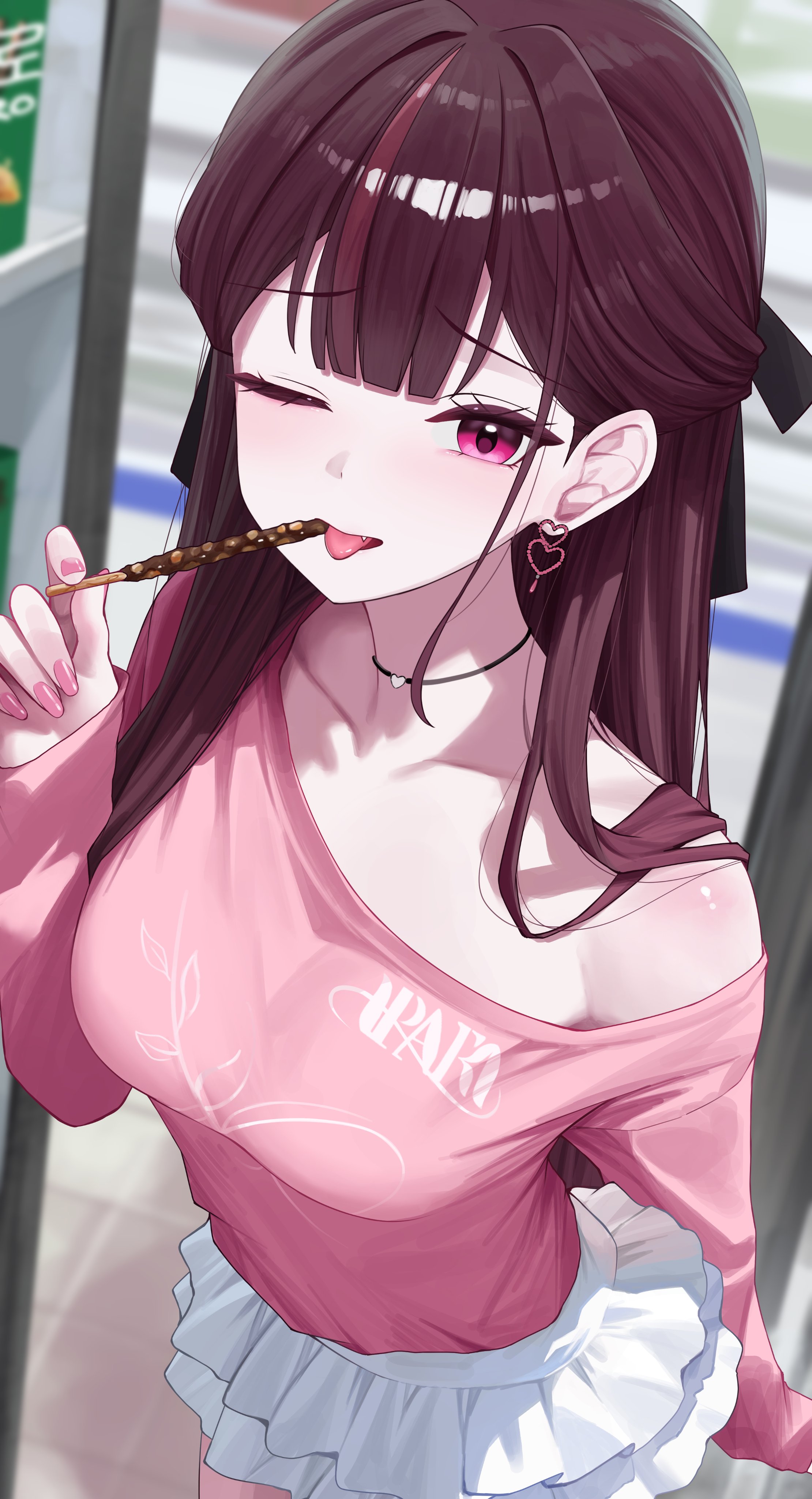 sei (0724sei6), jururu, waktaverse, absurdres, commentary request, highres, korean commentary, 1girl, bare shoulders, black choker, blurry, blurry background, breasts, choker, cowboy shot, earrings, fang, food, hair ribbon, half updo, hand up, heart, heart earrings, holding, jewelry, layered skirt, long hair, long sleeves, looking at viewer, medium breasts, miniskirt, multicolored hair, nail polish, off shoulder, one eye closed, open mouth, outdoors, pink nails, pink shirt, pocky, purple eyes, purple hair, ribbon, shirt, skirt, smile, solo, standing, streaked hair, tongue, tongue out, virtual youtuber, white skirt