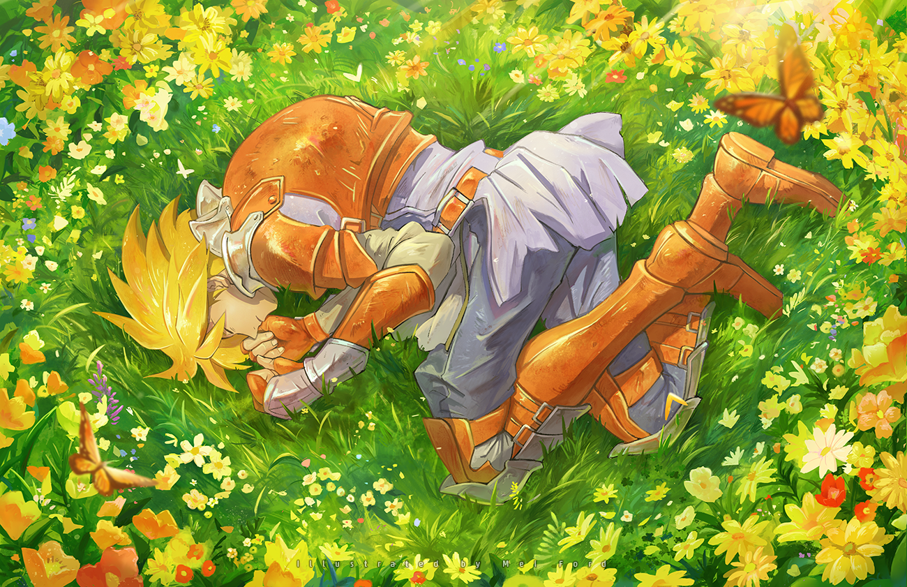 mei ford, oersted, live a live, commentary request, 1boy, blonde hair, boots, bug, butterfly, closed mouth, field, fingerless gloves, flower, flower field, full body, gloves, grass, grey pants, insect, light rays, lying, male focus, on side, orange boots, orange gloves, pants, short hair, solo, sunbeam, sunlight, yellow flower