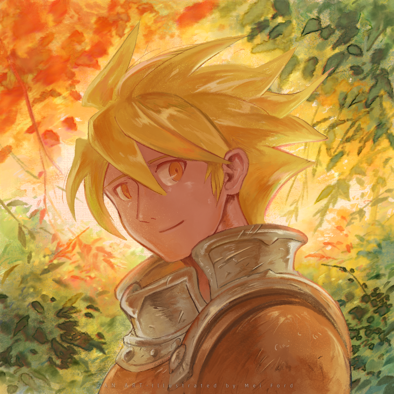 mei ford, oersted, live a live, commentary request, highres, 1boy, artist name, blonde hair, brown eyes, closed mouth, hair between eyes, looking at viewer, male focus, outdoors, scratched, short hair, smile, solo, spiked hair, upper body