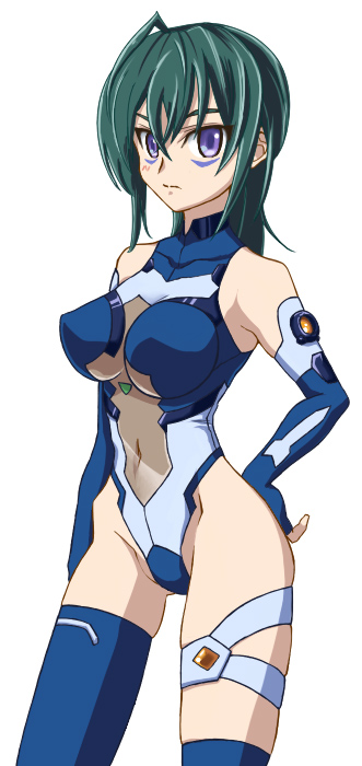 kannagi itsuki, sora wo kakeru shoujo, pilot suit, 00s, 1girl, ahoge, armpits, asymmetrical clothes, asymmetrical legwear, bare shoulders, blue gloves, blue thighhighs, blush, bodysuit, breasts, covered navel, cowboy shot, elbow gloves, facial mark, female focus, fingerless gloves, from side, gloves, green hair, groin, hair between eyes, halterneck, hand on own hip, highleg, highleg leotard, hip bones, hip focus, impossible clothes, impossible leotard, large breasts, leotard, long hair, navel, purple eyes, single thighhigh, solo, standing, thigh strap, thighhighs, turtleneck, uneven legwear