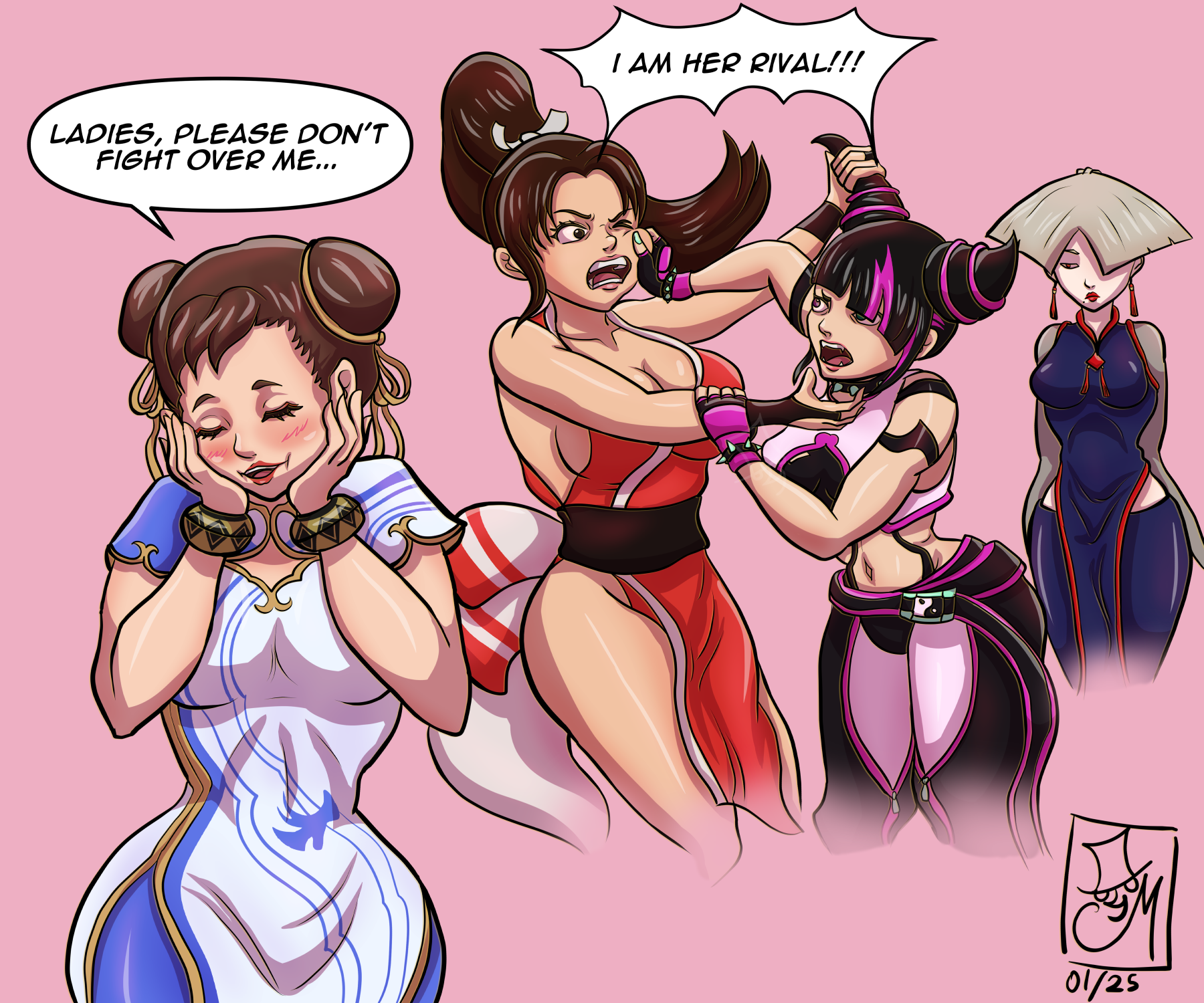a.k.i. (street fighter), chun-li, han juri, shiranui mai, capcom, fatal fury, snk, street fighter, street fighter 6, the king of fighters, 4girls, belt, blush, bracelet, breasts, chaps, cheek pinching, chinese clothes, collar, double bun, earrings, english text, fighting, fingerless gloves, gloves, hair bun, hair horns, heterochromia, japanese clothes, jewelry, lipstick, makeup, multicolored hair, multiple girls, pinching, pink background, ponytail, spiked bracelet, spiked collar, spikes, two-tone hair