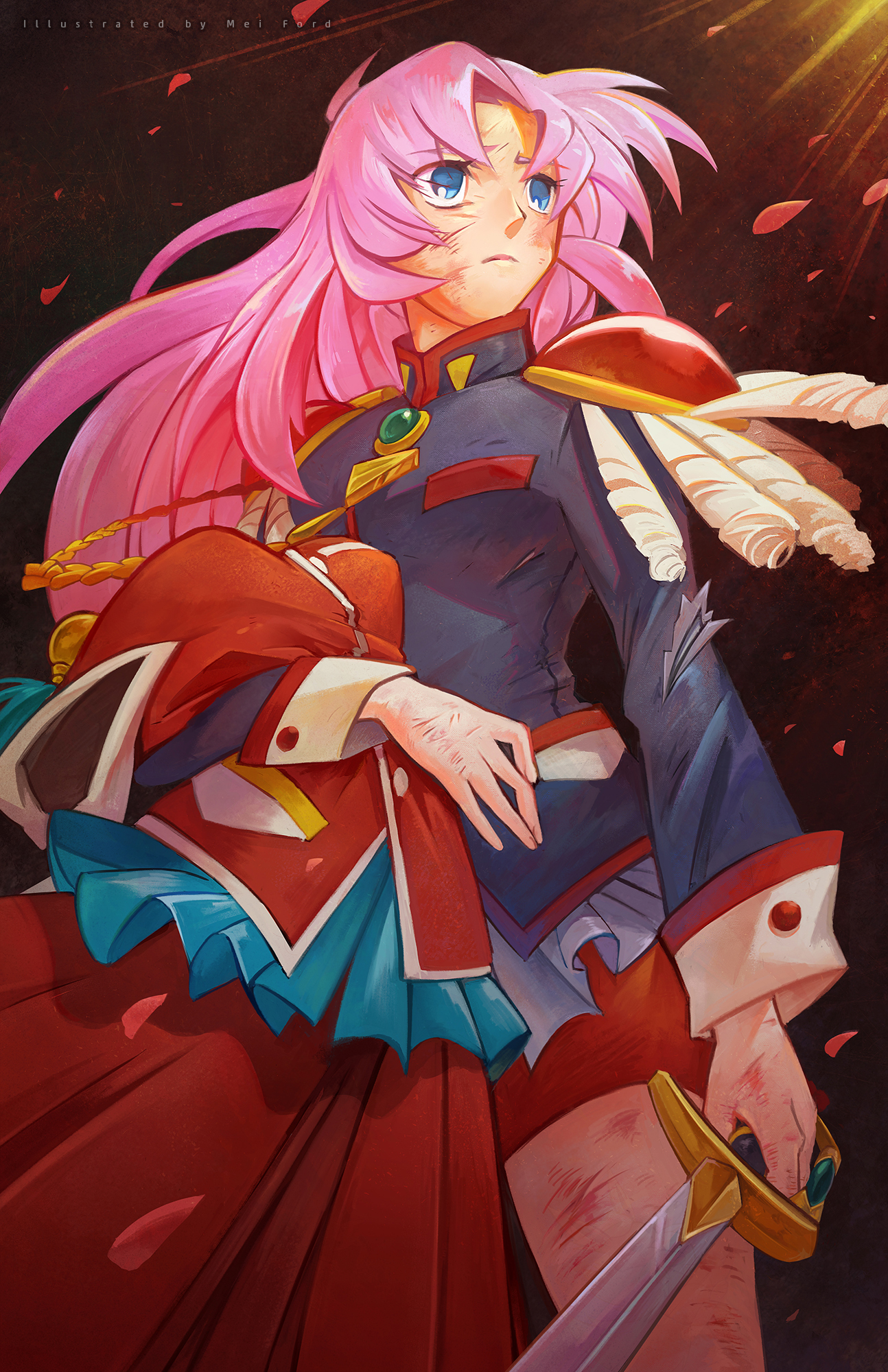 mei ford, tenjou utena, shoujo kakumei utena, highres, 1girl, armor, blue eyes, brown background, closed mouth, cuts, dress, holding, holding sword, holding unworn clothes, holding unworn dress, holding weapon, injury, long hair, long sleeves, petals, pink hair, red dress, red shorts, shirt, shorts, shoulder armor, solo, sword, torn clothes, torn shirt, unworn dress, weapon