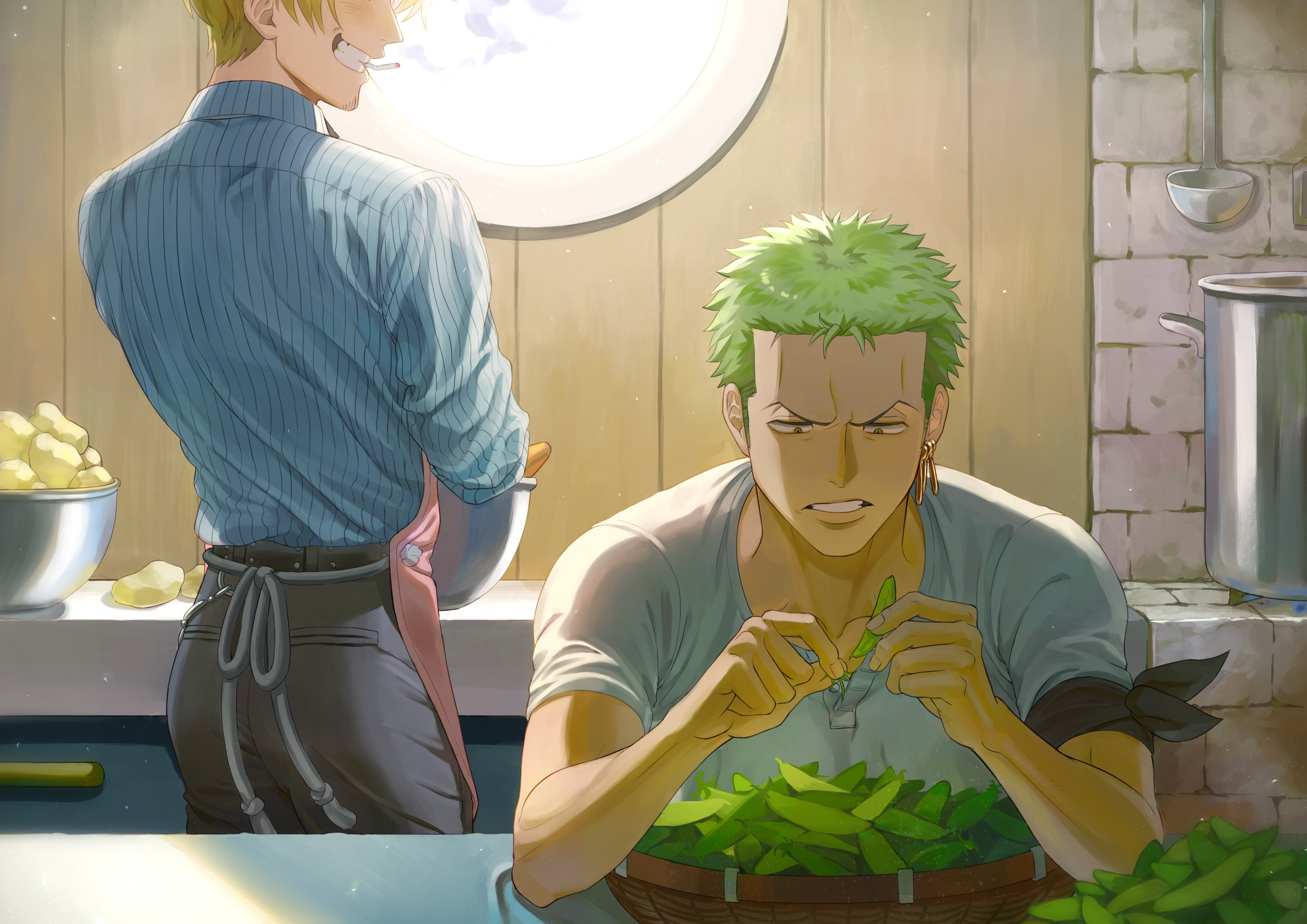 poipoisky72, roronoa zoro, sanji (one piece), one piece, absurdres, commentary request, highres, 2boys, apron, bandana around arm, black pants, blonde hair, blue shirt, bowl, collarbone, cooking pot, earrings, green bean, green hair, grimace, grin, head out of frame, indoors, jewelry, kitchen, ladle, light particles, male focus, multiple boys, pants, pink apron, potato, shirt, short hair, smile, smoking, stove, striped clothes, striped shirt, white shirt, window