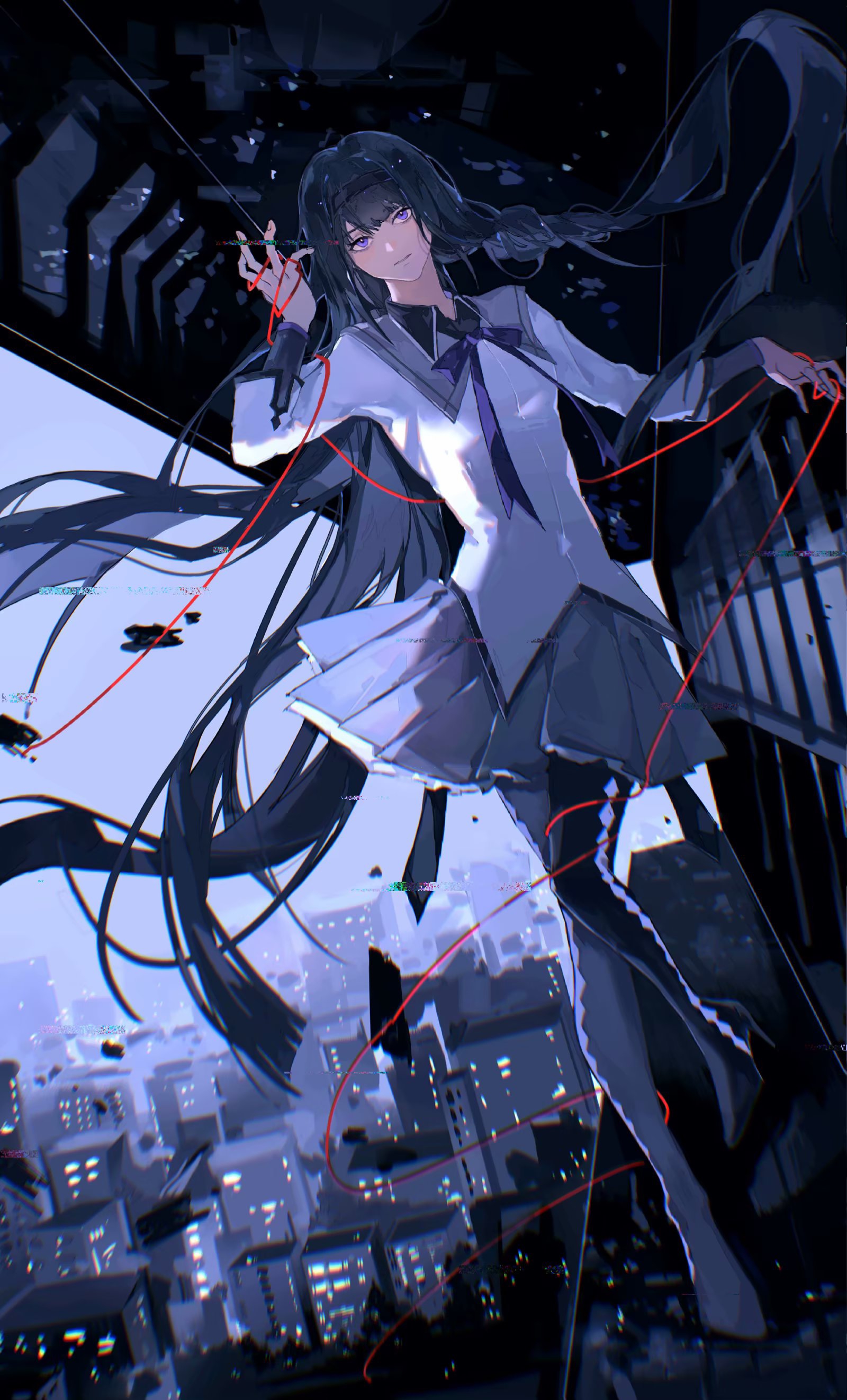 akemi homura, akemi homura (magical girl), mahou shoujo madoka magica, mahou shoujo madoka magica (anime), absurdres, chinese commentary, highres, procreate (medium), 1girl, argyle clothes, argyle footwear, black boots, black hair, black hairband, blunt bangs, blunt ends, boots, braid, building, cityscape, closed mouth, collared shirt, contrast collar, debris, expressionless, full body, glitch, grey skirt, hair half undone, hairband, hand up, high up, knees together feet apart, long hair, long sleeves, neck ribbon, outstretched arm, overcast, pleated skirt, puritan collar, purple eyes, purple ribbon, ribbon, shirt, skirt, sky, skyscraper, solo, string, string around finger, string around leg, string of fate, thigh boots, untucked shirt, white shirt, yilengshisanlengzhudeyigeleng