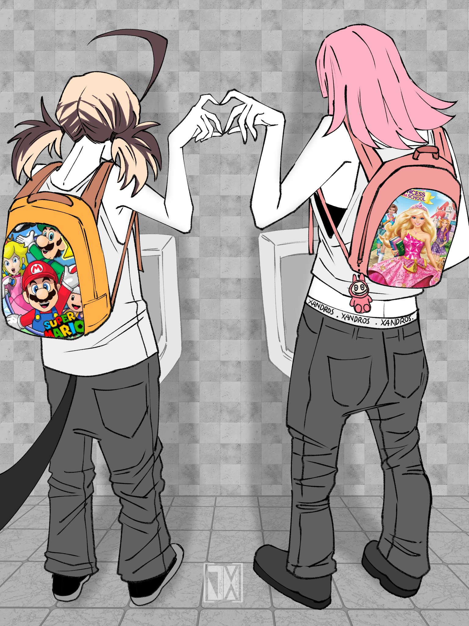 jasper xandros, gigi murin, labubu, luigi, mario, mori calliope, princess peach, toad (mario), barbie (franchise), hololive, hololive english, mario (series), nintendo, commentary, highres, symbol-only commentary, 2girls, backpack, bag, black tail, brown hair, facing away, from behind, full body, heart, heart hands, heart hands duo, long sleeves, male underwear, male underwear peek, multicolored hair, multiple girls, orange bag, pants, pink bag, pink hair, shirt, shoes, short hair, short twintails, twintails, two-tone hair, underwear, urinal, virtual youtuber, white shirt