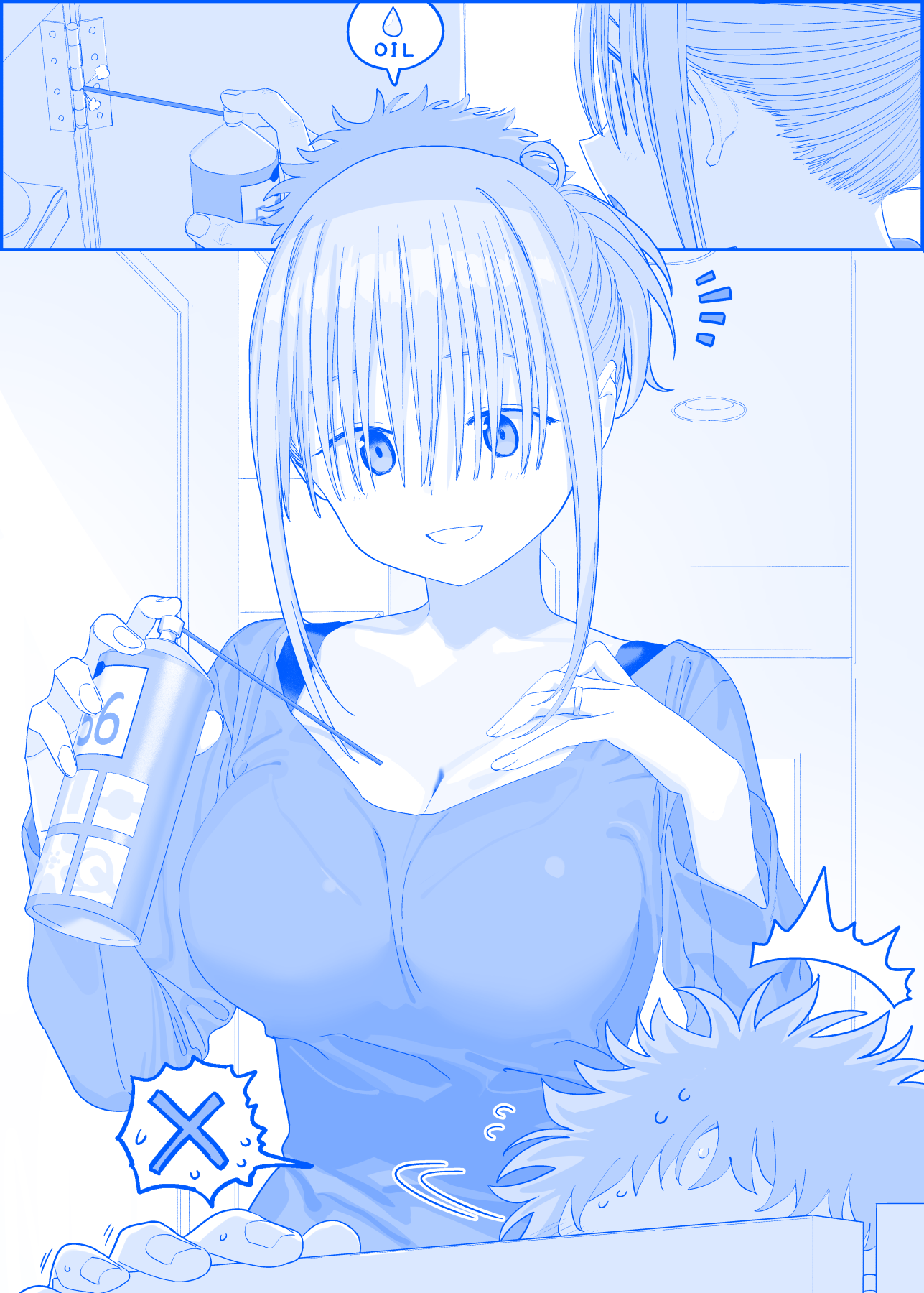 himura kiseki, maegami-chan (tawawa), sensei (tawawa), getsuyoubi no tawawa, commentary, commentary request, highres, 1boy, 1girl, ^^^, blue theme, breasts, can, cleavage, collarbone, hair over eyes, holding, holding can, jewelry, large breasts, long sleeves, lubrication, monochrome, oil can, oiled, ring, shirt, short hair, sidelocks, smile, wedding ring