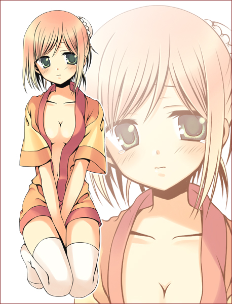 ayamisiro, estellise sidos heurassein, tales of (series), tales of vesperia, 00s, 1girl, blush, breasts, cleavage, female focus, frown, green eyes, hair bun, kneeling, navel, no bra, official alternate costume, open clothes, open shirt, pink hair, seiza, shirt, short hair, shy, single hair bun, sitting, solo, tears, thighhighs, v arms, zoom layer