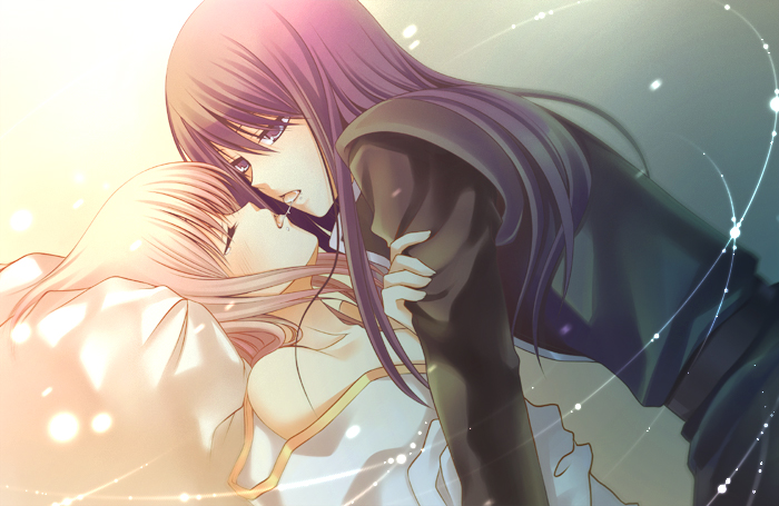 ayamisiro, estellise sidos heurassein, yuri lowell, tales of (series), tales of vesperia, 00s, 1boy, 1girl, bare shoulders, black hair, closed eyes, couple, hetero, kiss, long hair, lying, off shoulder, pink hair, saliva, saliva trail, short hair, tongue