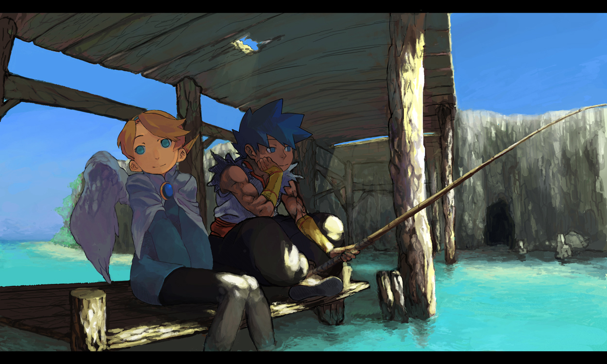 gigi (graffitistelle), nina (breath of fire iv), ryu (breath of fire iv), breath of fire, breath of fire iv, capcom, 1boy, 1girl, angel wings, blonde hair, blue eyes, blue hair, bridge, day, dress, fishing, fishing rod, happy, head rest, letterboxed, muscular, outdoors, pantyhose, short dress, short hair, sky, slice of life, smile, soaking feet, water, white wings, wings