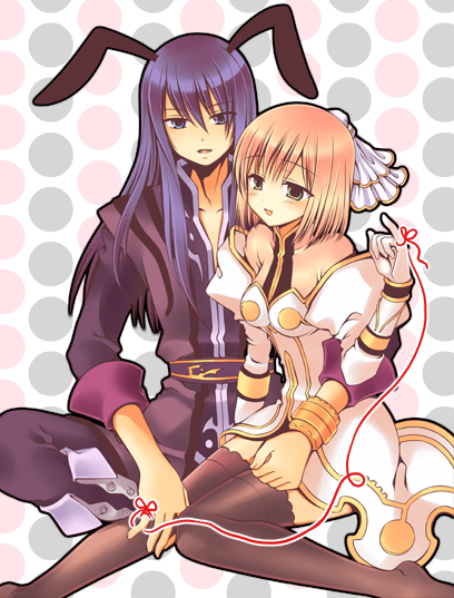 ayamisiro, estellise sidos heurassein, yuri lowell, tales of (series), tales of vesperia, 00s, 1boy, 1girl, animal ears, black hair, blush, boots, couple, green eyes, hetero, knee boots, long hair, pink hair, rabbit ears, short hair, sitting, string, string of fate, thighhighs, veil