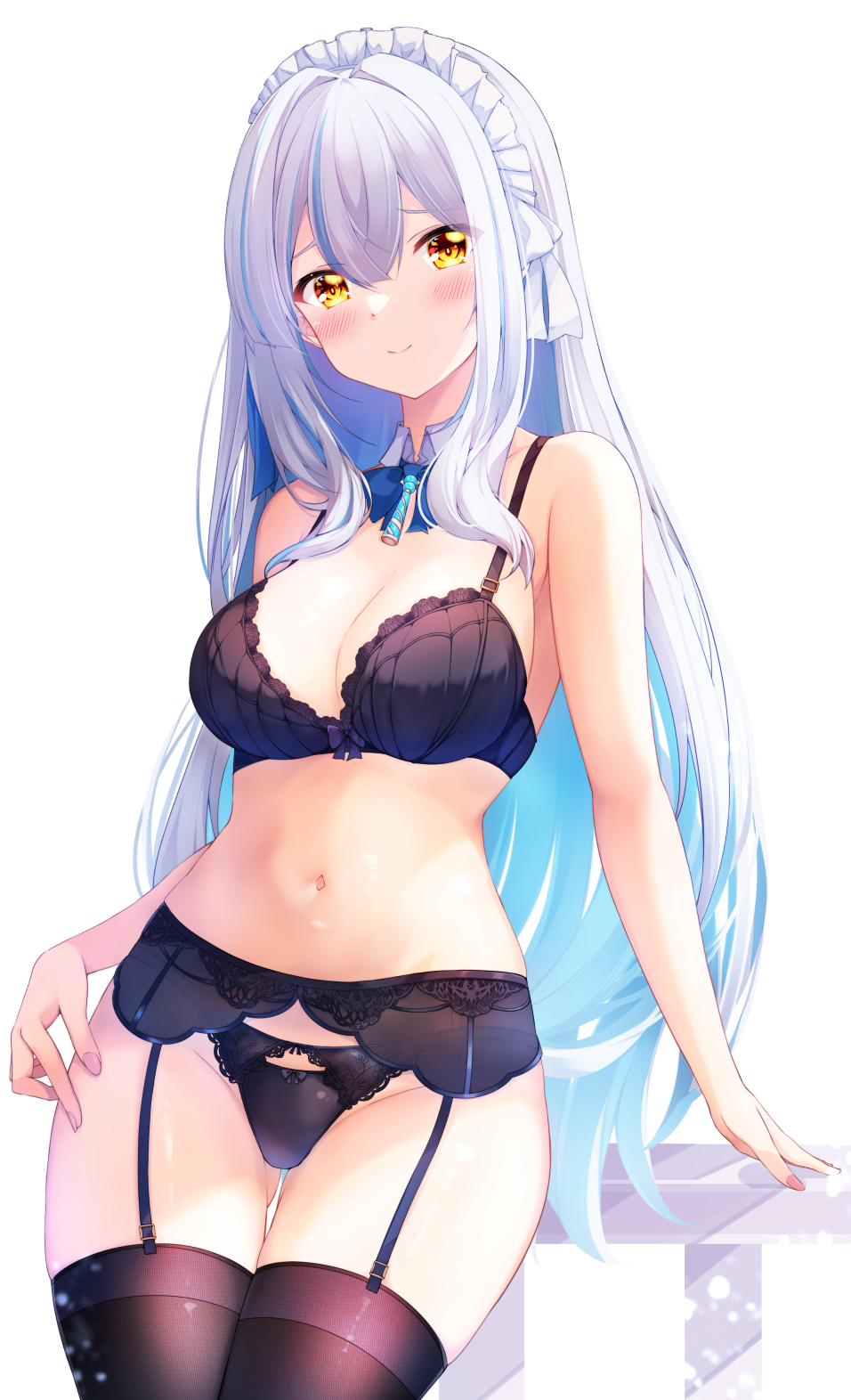 fuuna, original, commentary request, highres, 1girl, bare arms, bare shoulders, black bra, black panties, black thighhighs, blue bow, blue hair, blush, bow, bow bra, bow panties, bra, breasts, brown eyes, cleavage, closed mouth, garter belt, gluteal fold, grey hair, groin, hair between eyes, long hair, looking at viewer, maid headdress, medium breasts, multicolored hair, navel, panties, simple background, smile, solo, thigh gap, thighhighs, two-tone hair, underwear, underwear only, very long hair, white background