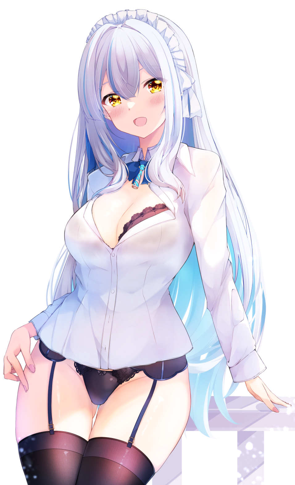 fuuna, original, highres, 1girl, :d, black bra, black panties, black thighhighs, blue hair, blush, bow, bow panties, bra, brown eyes, collared shirt, dress shirt, garter belt, gluteal fold, grey hair, hair between eyes, long hair, long sleeves, looking at viewer, maid headdress, multicolored hair, nail polish, no pants, open mouth, panties, pink nails, railing, shirt, simple background, smile, solo, thigh gap, thighhighs, two-tone hair, underwear, very long hair, white background, white shirt