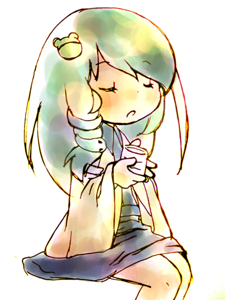 natsuno riku, kochiya sanae, touhou, bad id, bad pixiv id, 1girl, alternate costume, closed eyes, cup, female focus, green hair, solo