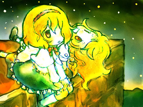 natsuno riku, alice margatroid, kirisame marisa, touhou, bad id, bad pixiv id, 2girls, blonde hair, braid, chibi, female focus, hairband, lying, multiple girls, star (symbol)