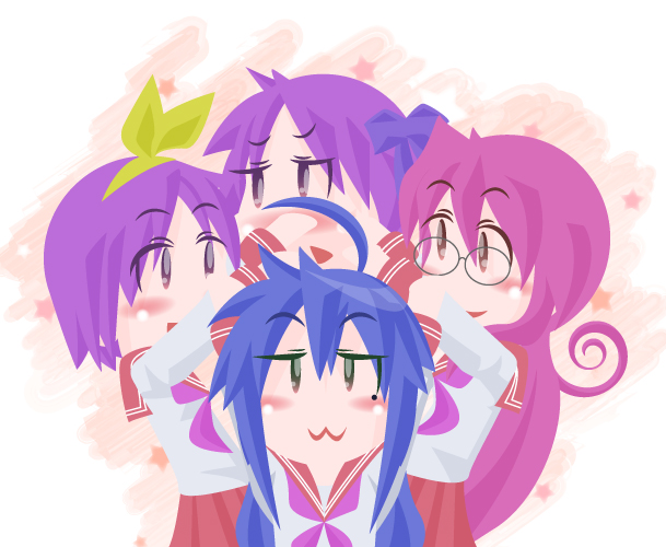 moco (axion channel), hiiragi kagami, hiiragi tsukasa, izumi konata, takara miyuki, lucky star, bad id, bad pixiv id, 00s, 4girls, :3, ahoge, antenna hair, blue hair, blush, chibi, glasses, hair ribbon, hairband, mole, mole under eye, multiple girls, pink hair, purple hair, ribbon, school uniform, serafuku, siblings, sisters, star (symbol), twins