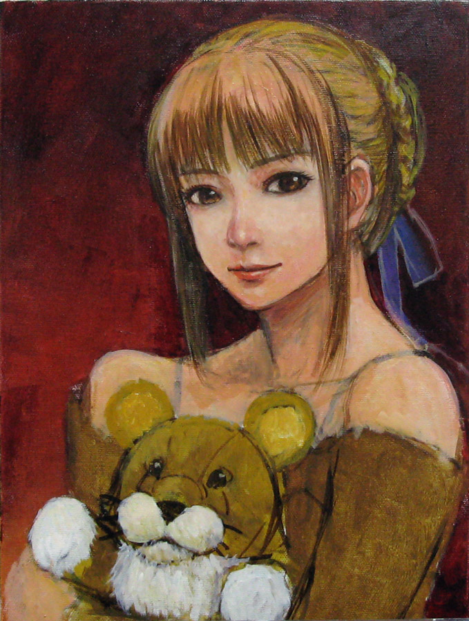 tafuto, artoria pendragon (fate), pon de lion, saber (fate), fate/stay night, fate (series), mister donut, bad id, bad pixiv id, oil painting (medium), painting (medium), traditional media, unfinished, 00s, 1girl, bare shoulders, blonde hair, brown eyes, female focus, hair ribbon, lion, official alternate costume, ribbon, solo, stuffed animal, stuffed lion, stuffed toy