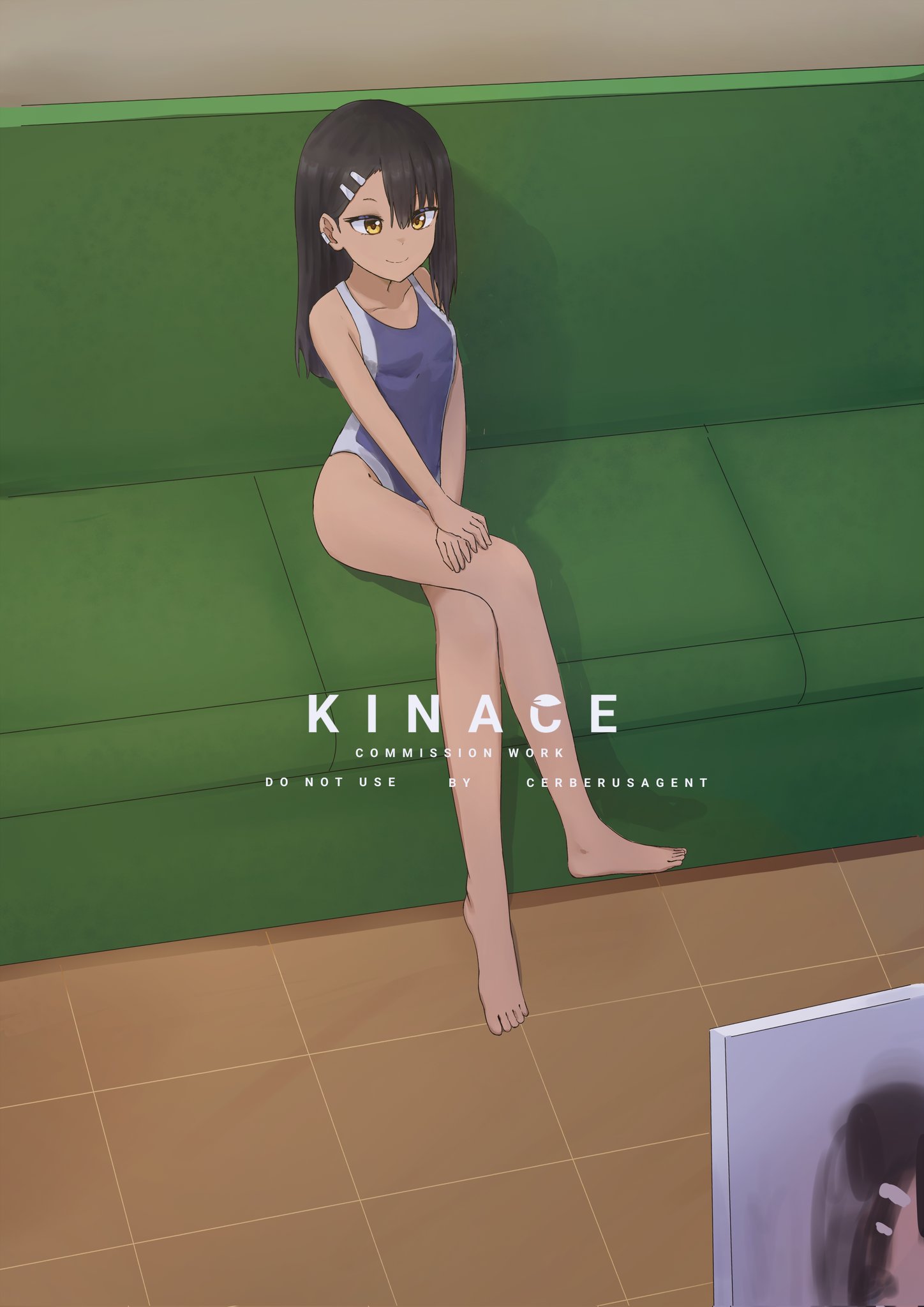 kinace9, nagatoro hayase, ijiranaide nagatoro-san, 1girl, artist name, asymmetrical hair, black hair, breasts, canvas (object), couch, crossed legs, earclip, hair ornament, hairclip, long hair, orange eyes, school swimsuit, sitting, small breasts, swimsuit, tan