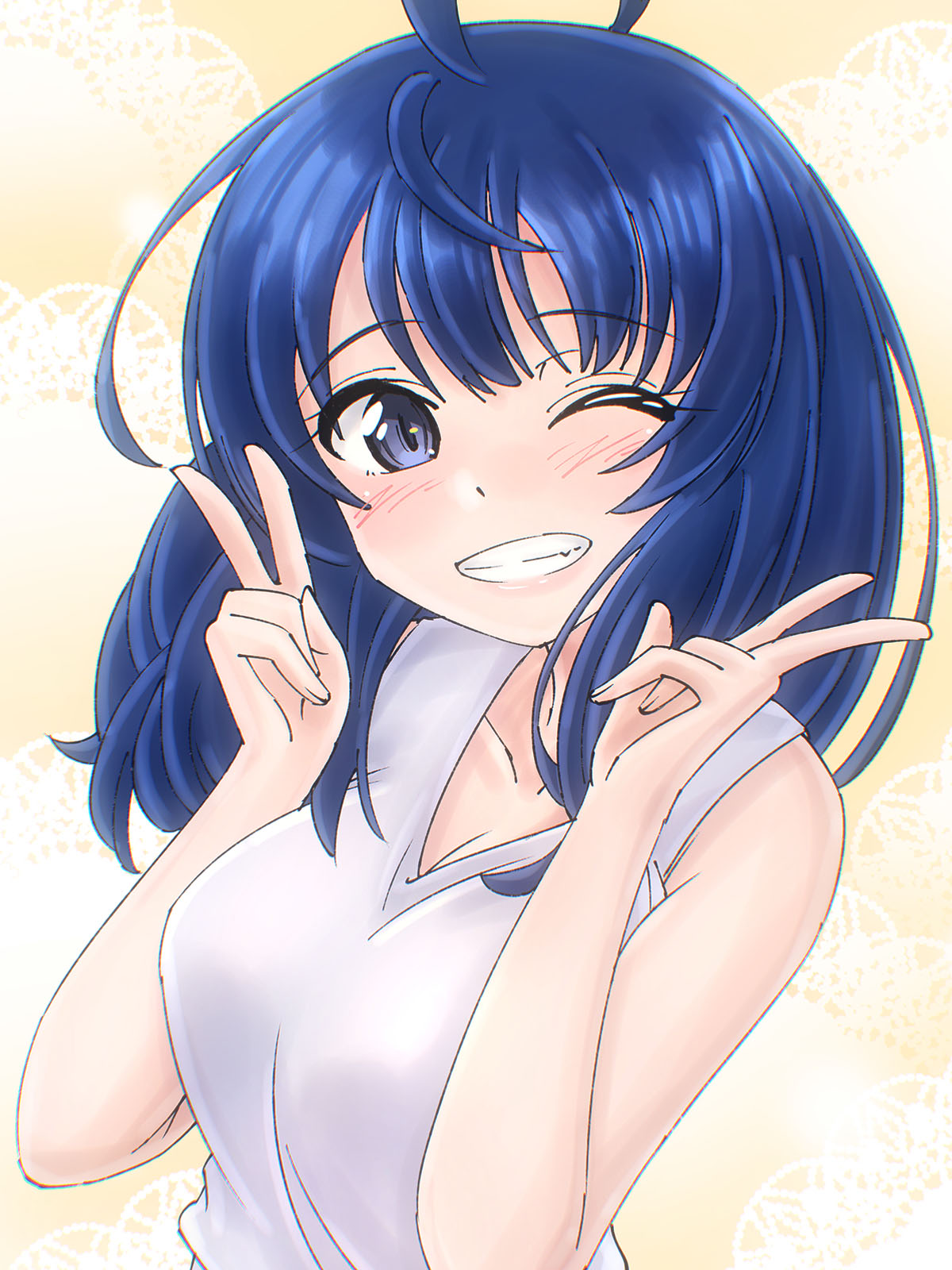 yanami anna, make heroine ga oo sugiru!, highres, 1girl, blue eyes, blue hair, blush, breasts, cleavage, double v, dress, grin, large breasts, looking at viewer, medium hair, one eye closed, smile, solo, teeth, v, wink