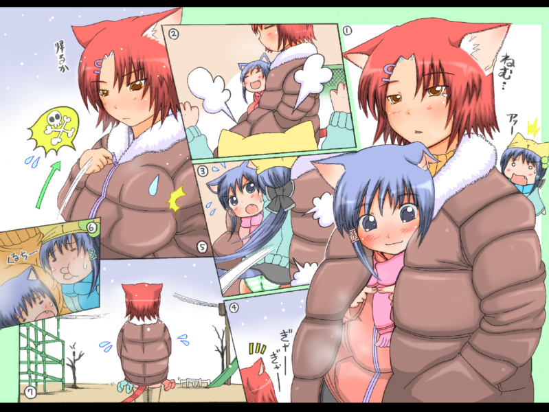 shiina you (tomoshibi), original, striped, 3girls, animal ears, blue eyes, brown eyes, cat ears, cat tail, coat, female focus, hair ornament, hairclip, multiple girls, nininbaori, red hair, shared clothes, short hair, siblings, sisters, tail, twins, winter clothes