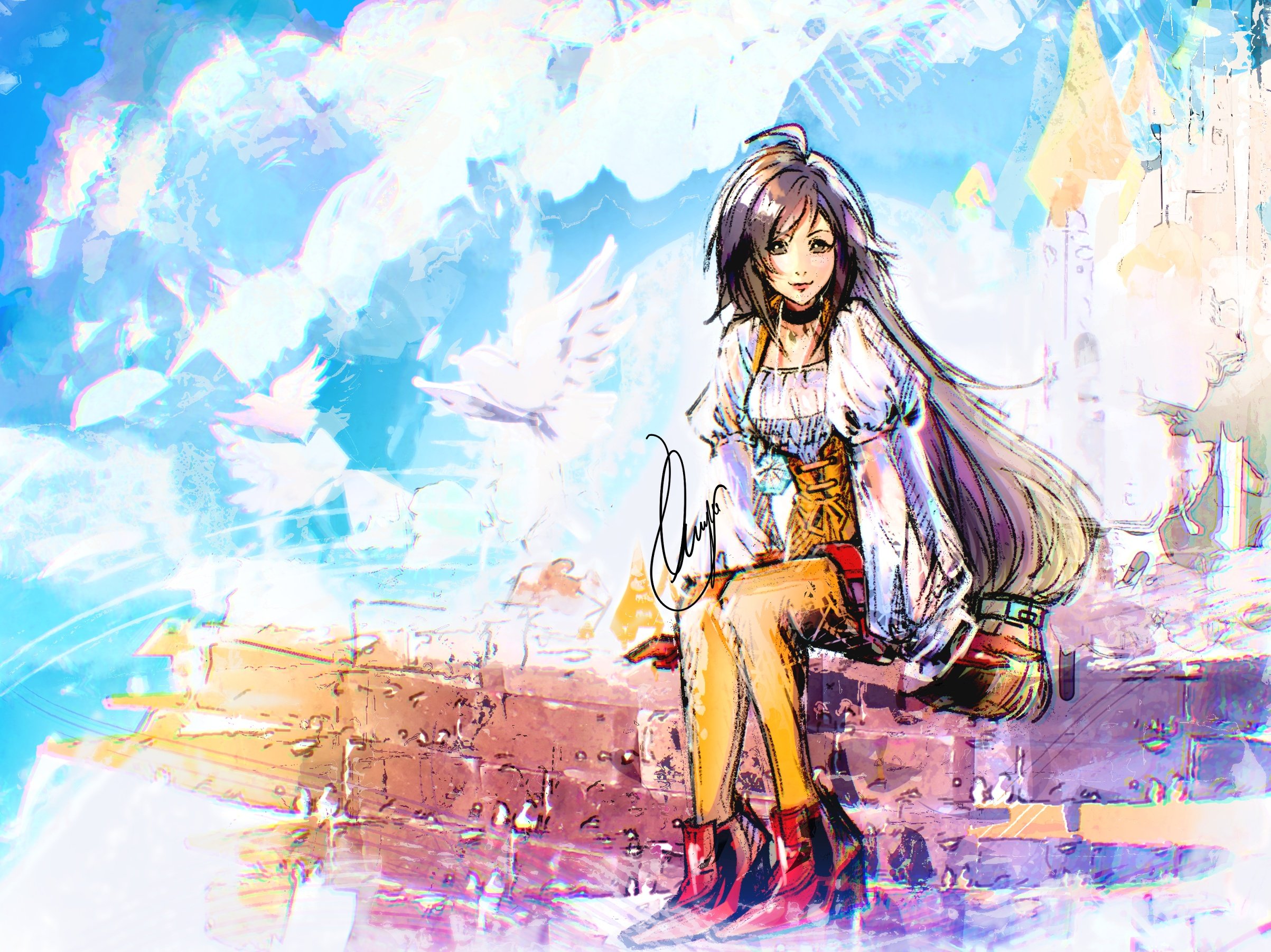 atelier saya, garnet til alexandros xvii, final fantasy, final fantasy ix, highres, 1girl, bird, black choker, bodysuit, boots, breasts, brick wall, brown eyes, brown hair, castle, choker, closed mouth, full body, gloves, hair ornament, hairclip, light smile, long hair, long sleeves, low-tied long hair, medium breasts, orange bodysuit, puffy long sleeves, puffy sleeves, red boots, red gloves, shirt, signature, sitting, sketch, solo, thigh strap, white bird, white shirt