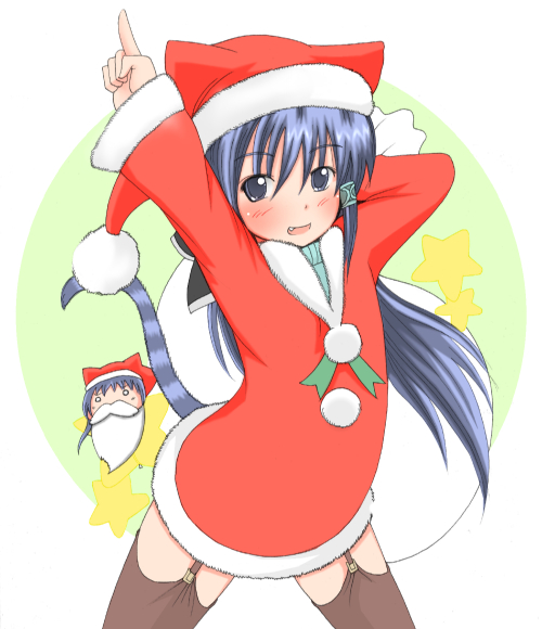 shiina you (tomoshibi), original, striped, bad id, bad pixiv id, 2girls, animal hat, beard, blue eyes, blue hair, blush, cat tail, facial hair, fang, garter straps, hat, long hair, multiple girls, santa costume, santa hat, siblings, sisters, tail, thighhighs, twins