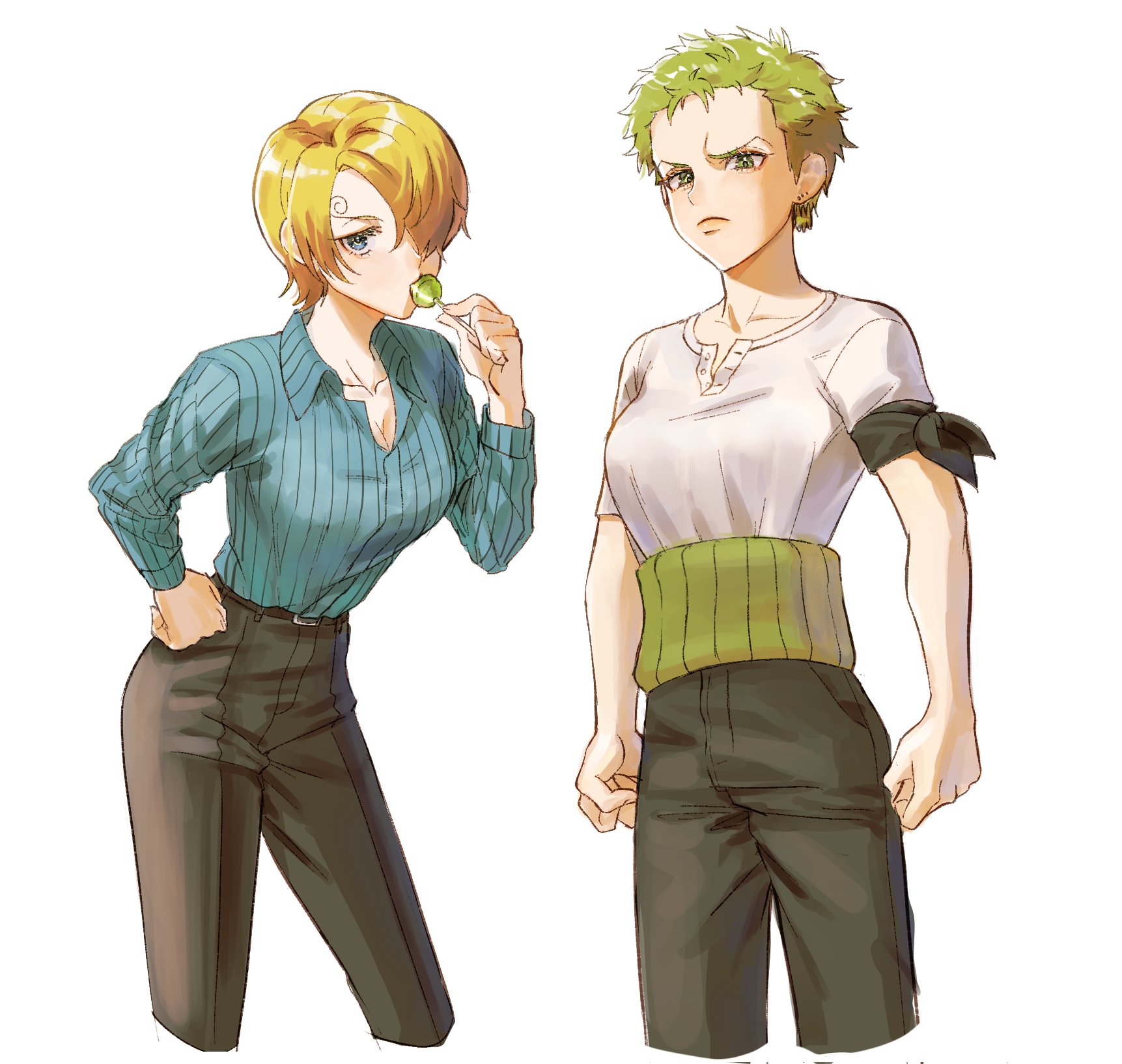 poipoisky72, roronoa zoro, sanji (one piece), one piece, commentary request, highres, 2girls, arms at sides, belt, black belt, blonde hair, blue eyes, blue shirt, breasts, candy, cleavage, closed mouth, collarbone, collared shirt, cropped legs, curly eyebrows, eyelashes, food, genderswap, genderswap (mtf), green eyes, green hair, grey pants, hair over one eye, holding, holding candy, holding food, holding lollipop, lollipop, long sleeves, multiple girls, pants, shirt, short hair, simple background, striped clothes, striped shirt, white background, white shirt