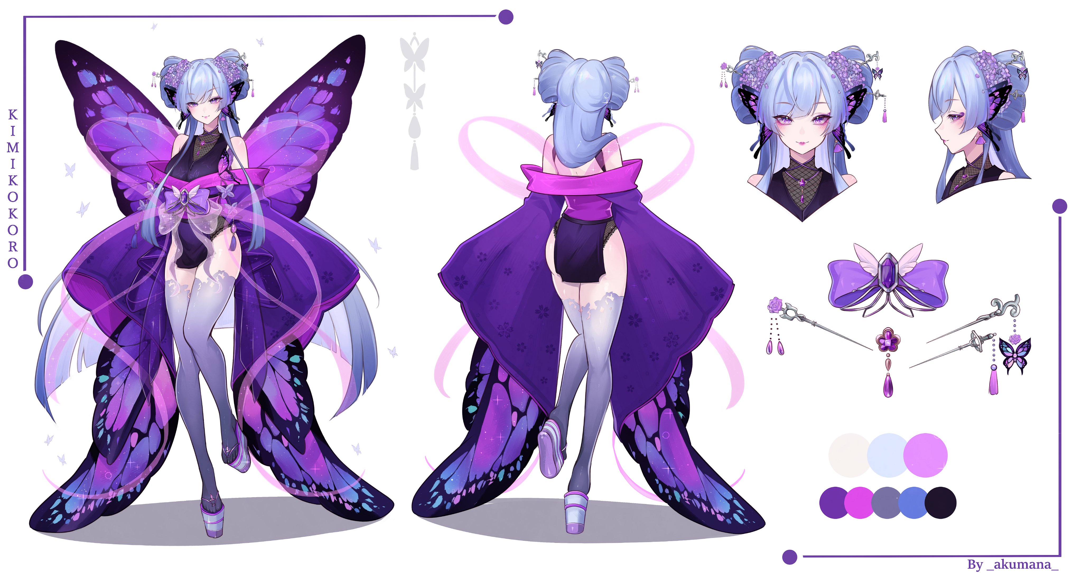 akumana, indie virtual youtuber, absurdres, highres, second-party source, 1girl, artist name, bow, brooch, bug, butterfly, butterfly hair ornament, closed mouth, color guide, fairy, fairy wings, gradient thighhighs, grey hair, hair ornament, insect, jewelry, kimikokoro, lips, long hair, multiple views, platform sandals, purple bow, purple eyes, purple sleeves, reference sheet, sandals, shadow, thighhighs, virtual youtuber, wide sleeves, wings
