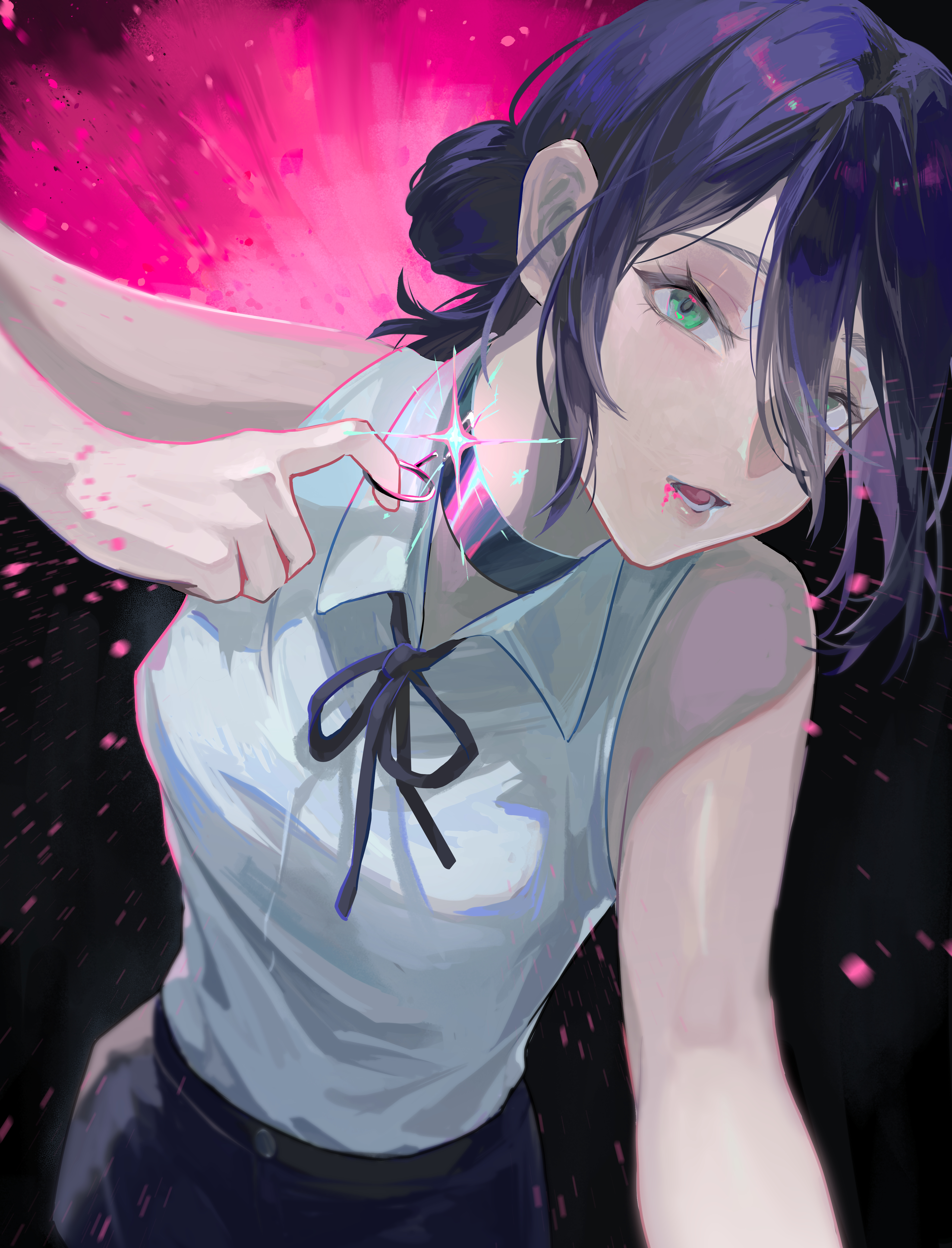 torii illust, reze (chainsaw man), chainsaw man, absurdres, highres, 1girl, black background, black choker, black hair, black ribbon, black shorts, choker, collared shirt, green eyes, grenade pin, hair between eyes, hair bun, long hair between eyes, looking at viewer, neck ribbon, open mouth, pull cord, ribbon, shirt, shorts, single hair bun, sleeveless, sleeveless shirt, solo, sparkle