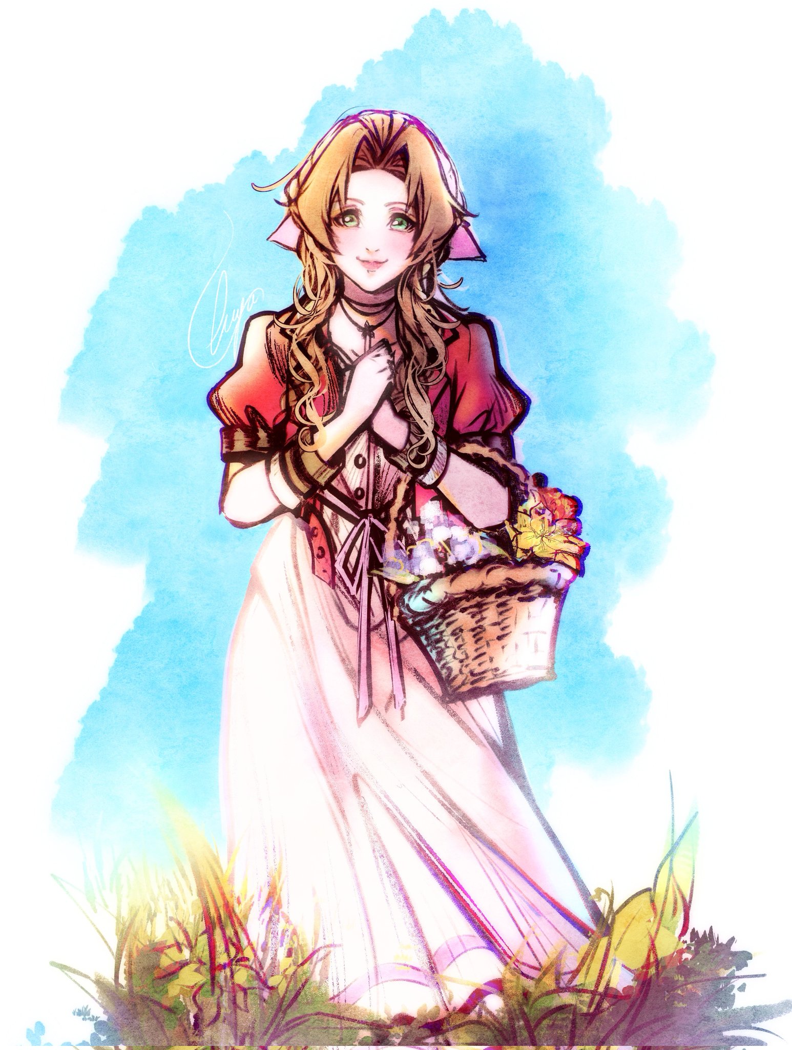 atelier saya, aerith gainsborough, final fantasy, final fantasy vii, final fantasy vii remake, highres, 1girl, bangle, basket, bracelet, brown hair, choker, cropped jacket, dress, flower basket, flower choker, green eyes, hair ribbon, holding, holding basket, jacket, jewelry, light blush, long dress, long hair, own hands together, parted bangs, pink dress, pink ribbon, puffy short sleeves, puffy sleeves, red jacket, ribbon, short sleeves, sidelocks, smile, solo, wavy hair