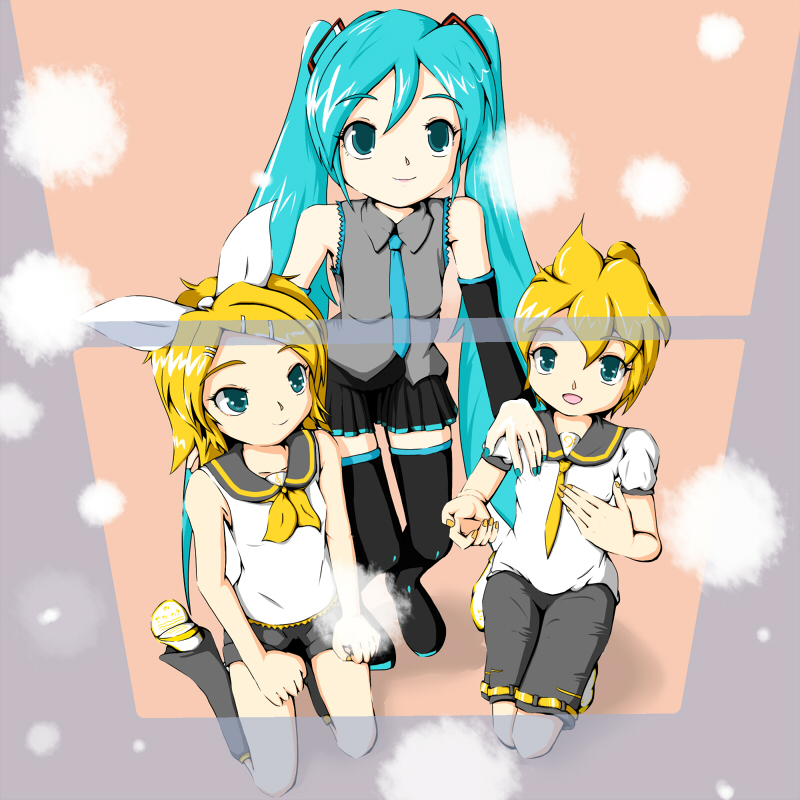 samurai (kasizuki), samurai (pixiv), hatsune miku, kagamine len, kagamine rin, vocaloid, 1boy, 2girls, aqua eyes, aqua hair, bad anatomy, blonde hair, detached sleeves, hair ornament, hairclip, kneeling, long hair, multiple girls, necktie, poorly drawn, shorts, snow, thighhighs, twintails, window