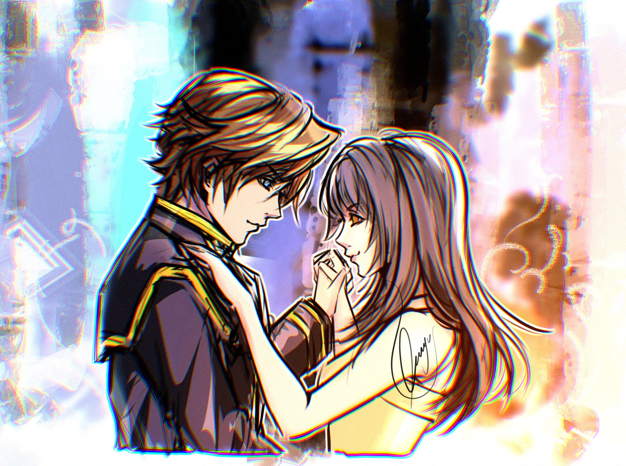 atelier saya, rinoa heartilly, squall leonhart, final fantasy, final fantasy viii, highres, 1boy, 1girl, bare shoulders, black hair, black jacket, blue eyes, brown eyes, brown hair, dancing, dress, gold trim, hair between eyes, halter dress, halterneck, hand on another's shoulder, holding hands, jacket, long hair, military uniform, seed uniform (ff8), short hair, signature, sketch, smile, upper body, yellow dress