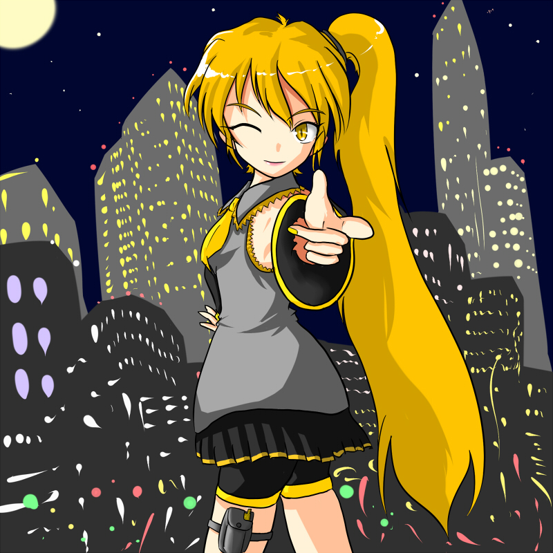 samurai (pixiv), akita neru, vocaloid, blonde hair, cellphone, detached sleeves, finger gun, long hair, moon, necktie, night, phone, side ponytail, skyline, wink